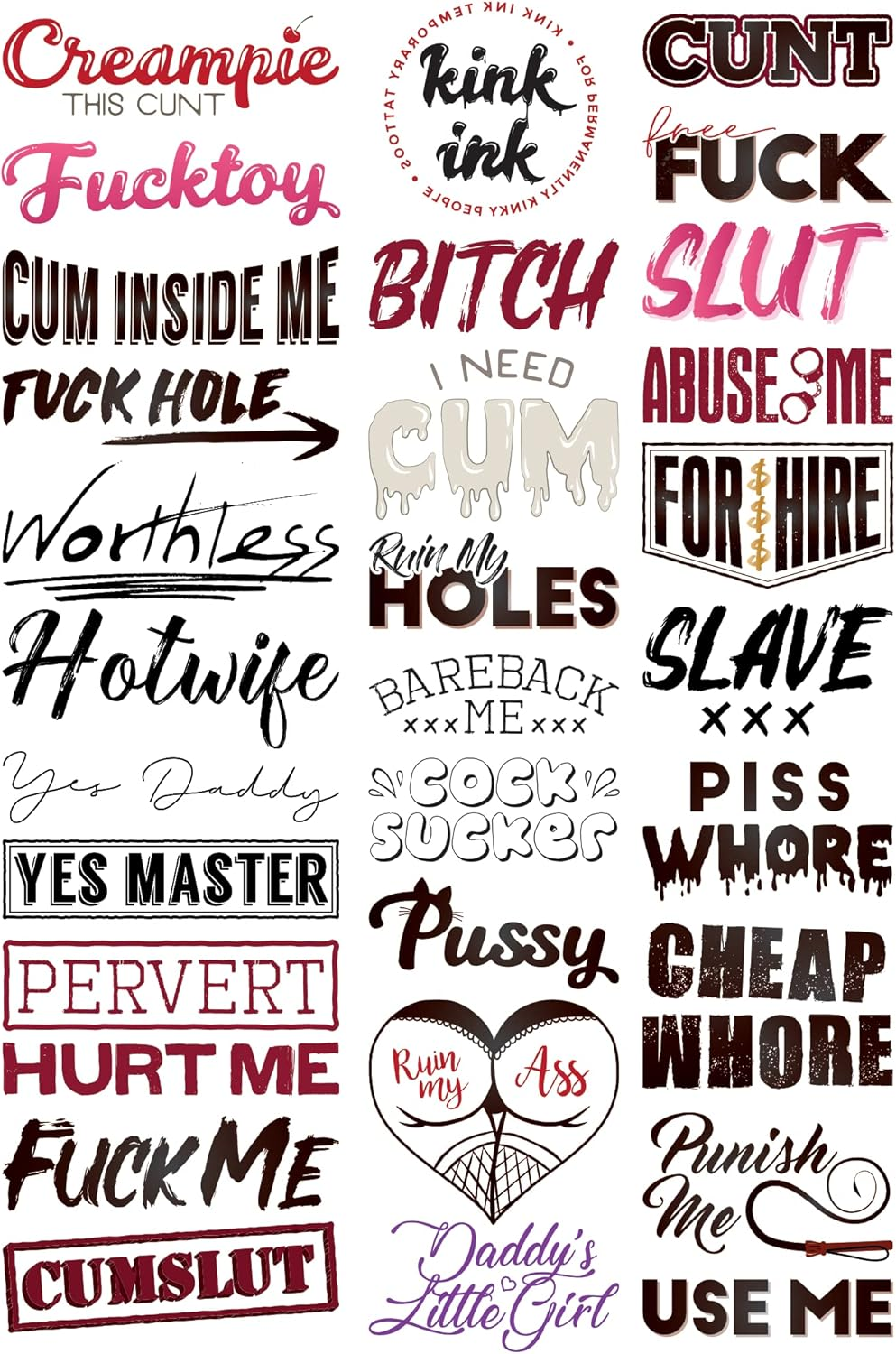 Kink Ink 30 Temporary Tattoos Adult Sexy Naughty Hardcore Words and Phrases, Long Lasting Semi Permanent Small to Medium Sized Fake Tattoos for Men and Women on A4 Sheet image number 4