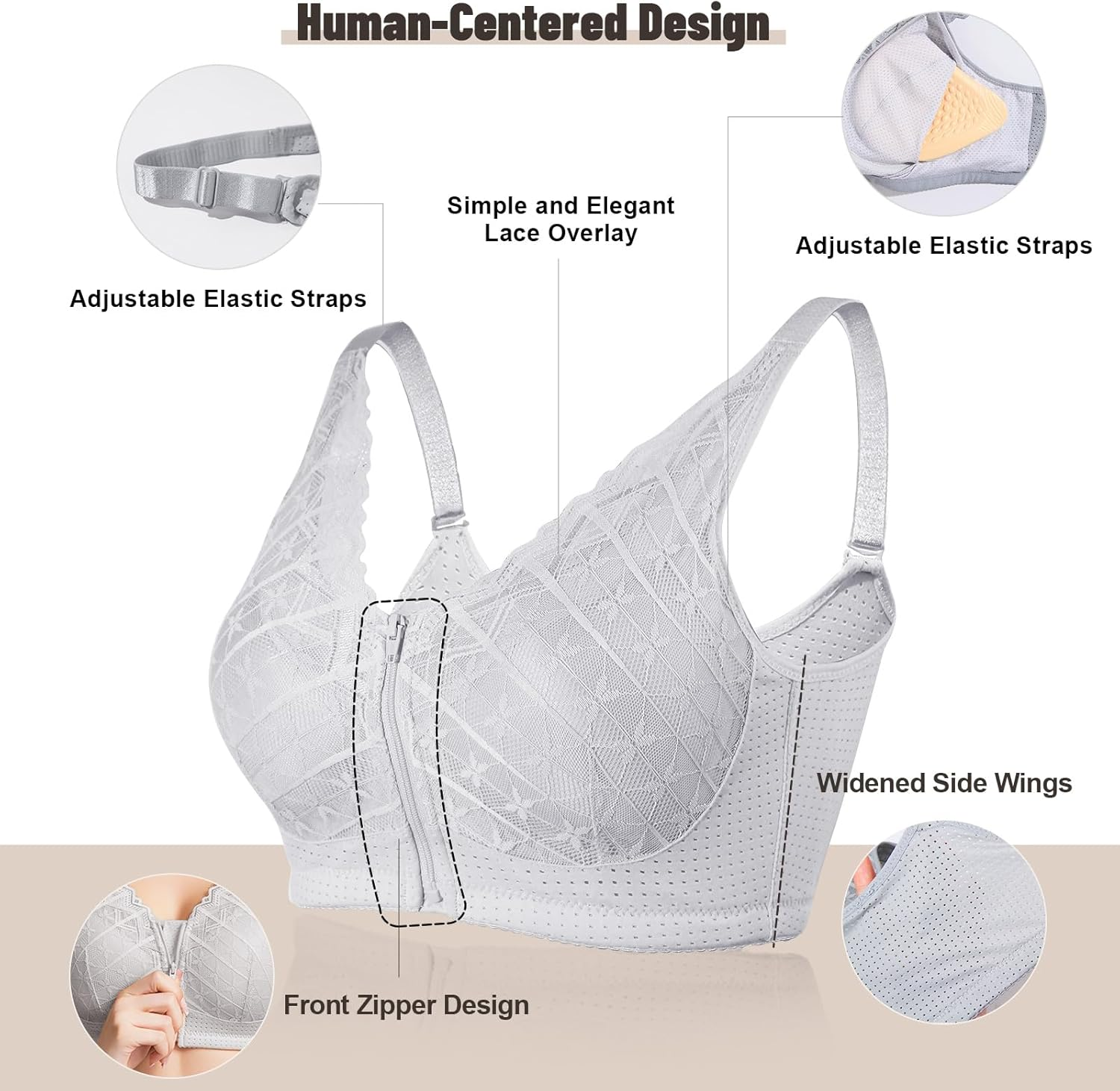 Zip Front Closure Mastectomy Bra, Women Post-Surgery-Bra with Pocket for Breast Prosthesis - Lace Surgical Everyday Bras image number 3