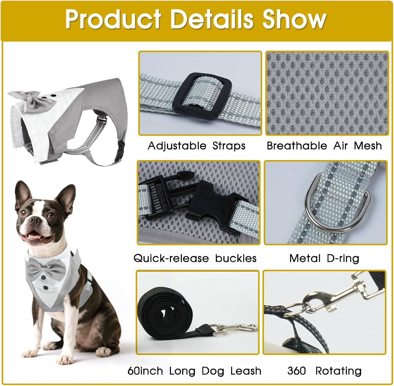 BRKURLEG Dog Vest Tuxedo Harness, Adjustable No Pull Tuxedo with Leash, Dog Wedding Party Suit with Bow Tie for Small Medium Dogs, Pet Costume Outfit for Birthday Christmas Halloween, Grey, M