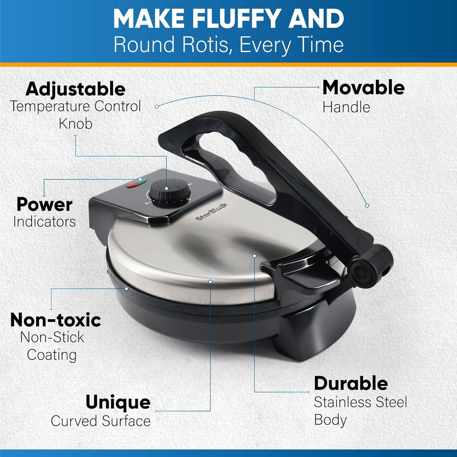 Starblue 25.4Cm Roti Maker Machine with Free Roti Heater and Removable Handle - Indian Chapati, Tortilla, Roti AC220-240V 50/60Hz 1200W, UK Plug with AU Adaptor image number 2