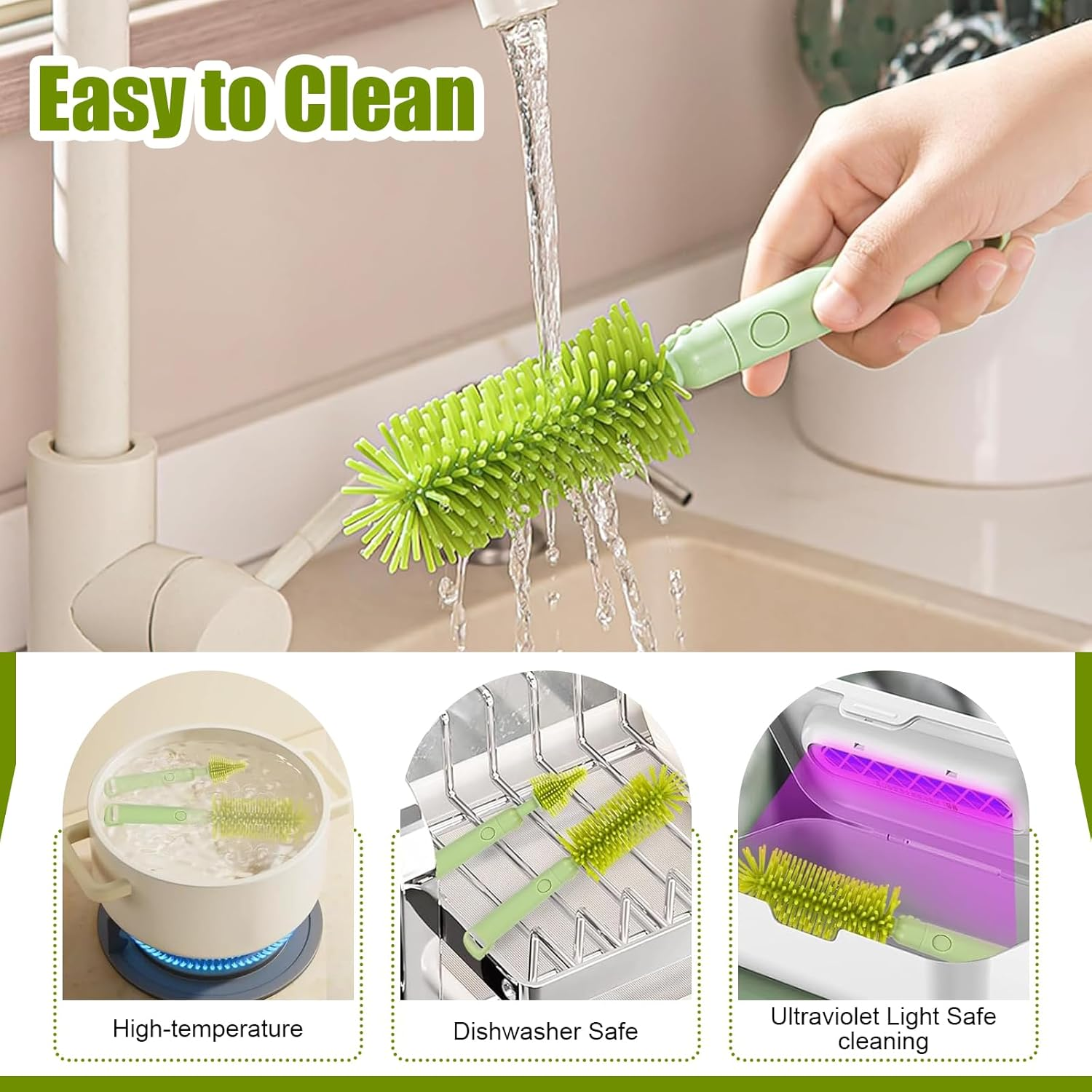 6-In-1 Portable Baby Bottle Brush Set with Case, Bottle Cleaner Kit with Drying Rack, Bottle Brush, Nipple Brush, Straw Brush, Soap Dispenser, Aby Travel Essentials for Mums & Dads (Green) image number 3