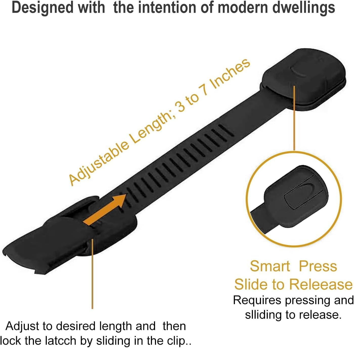Proofing Safety Locks - 8 Packproof Lock with 8 Extra 3M Adhesives -Adjustable Flexible Strap Latches to Cabinet, Drawer, Cupboard, Toilet-Seat, Fridge, Oven, Window, Door -Black image number 3