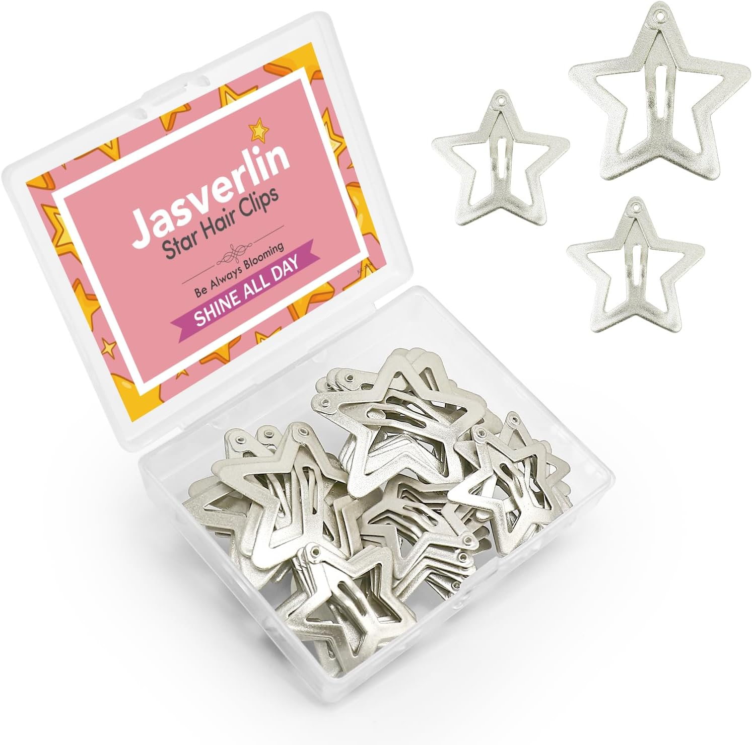 JASVERLIN Star Hair Clips, 1.22" and 1.61" Cute Kawaii Snap Barrettes for Women Girls Teens, Y2K Fashion Festival Rave Hair Accessories 2000S Aesthetic Stars Stuff Non Slip 40 Pcs (Matte Silver)