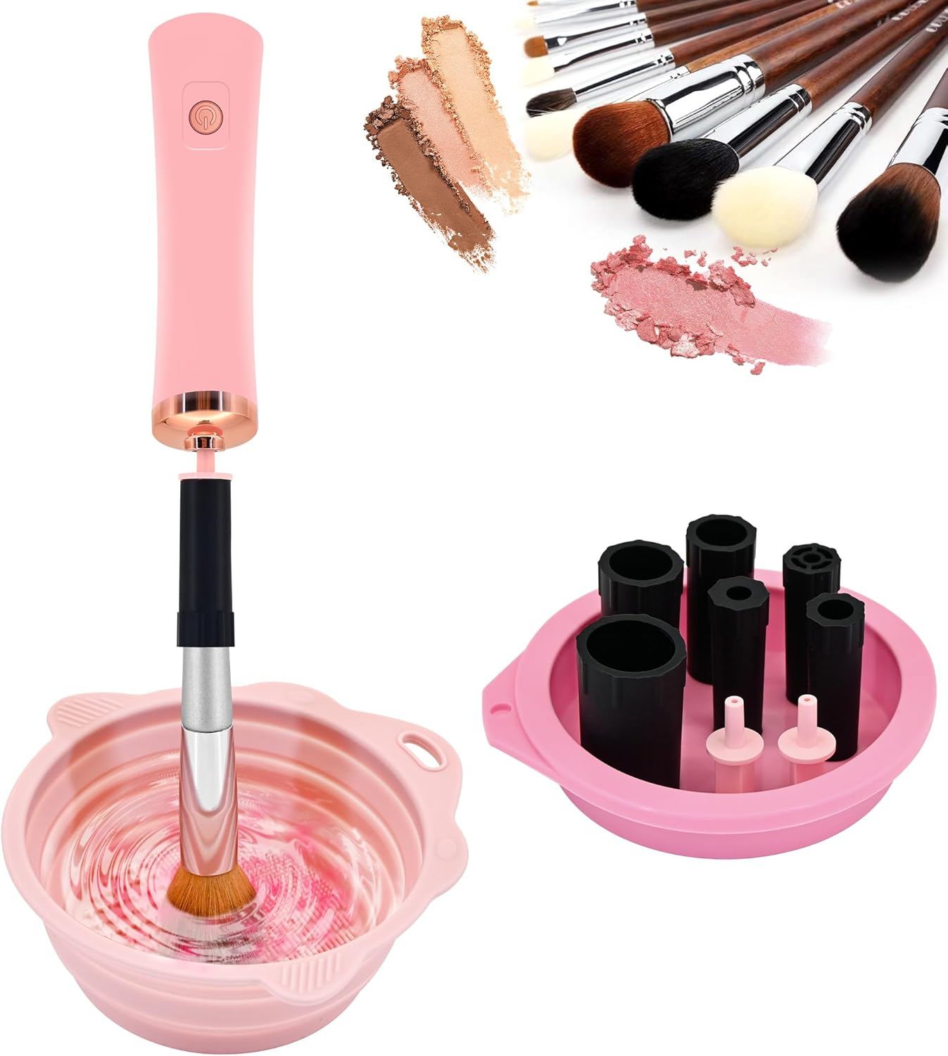 YBVABE Makeup Brush Cleaner and Dryer with Silicone Makeup Brushes Cleaner Bowl, Portable Cleaning Tool for Brushes, Powder Puffs, and Sponges, Super-Fast Automatic Cosmetic Brush Spinner (Pink)