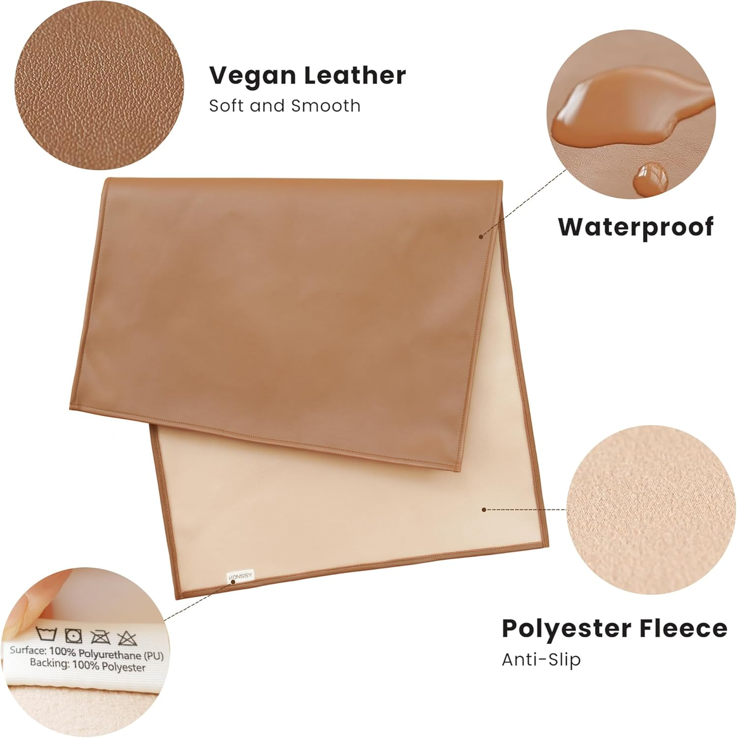Konssy Faux Leather Baby Changing Mat 2 Pack, Waterproof, Wipeable & Portable Diaper Changing Pad for Travel or Home, Foldable Mat Fits Perfectly in Diaper Bag, 30 X 17 Inches (Brown,Beige) image number 6
