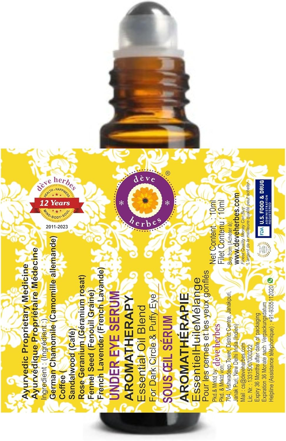 Deve Herbes under Eye Serum - for Dark Circles & Puffy Eyes. Blend of German Chamomile, Coffee, Sandalwood, Rose Geranium, French Lavender & Fennel Seed Essential Oils 10Ml (0.33Oz) image number 2