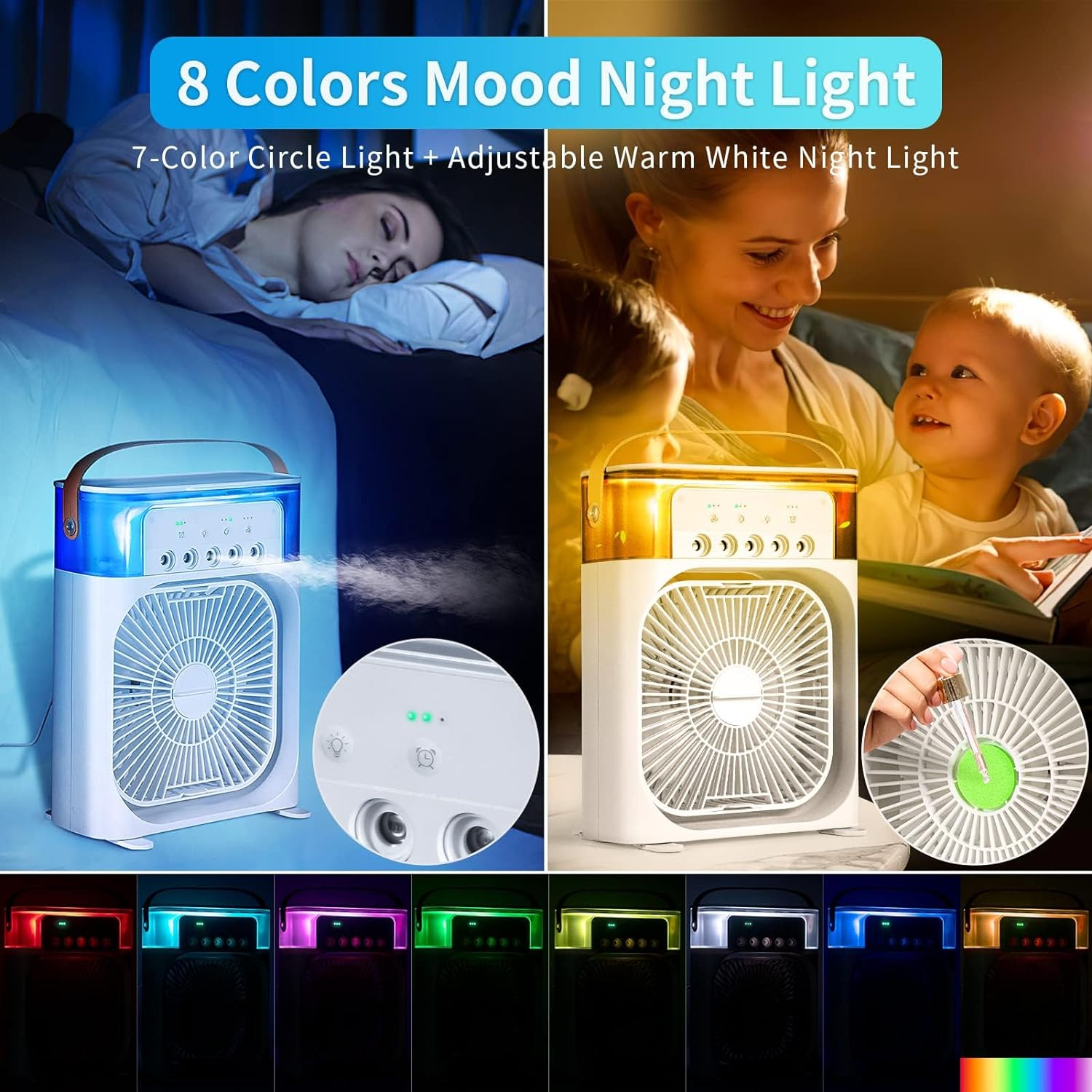 Air Fan, Evaporative Air Cooler with LED Nightlight, Timer, 3 Wind Speeds, 3 Spray Modes for Home, Office, Bedroom, Table, Desktop