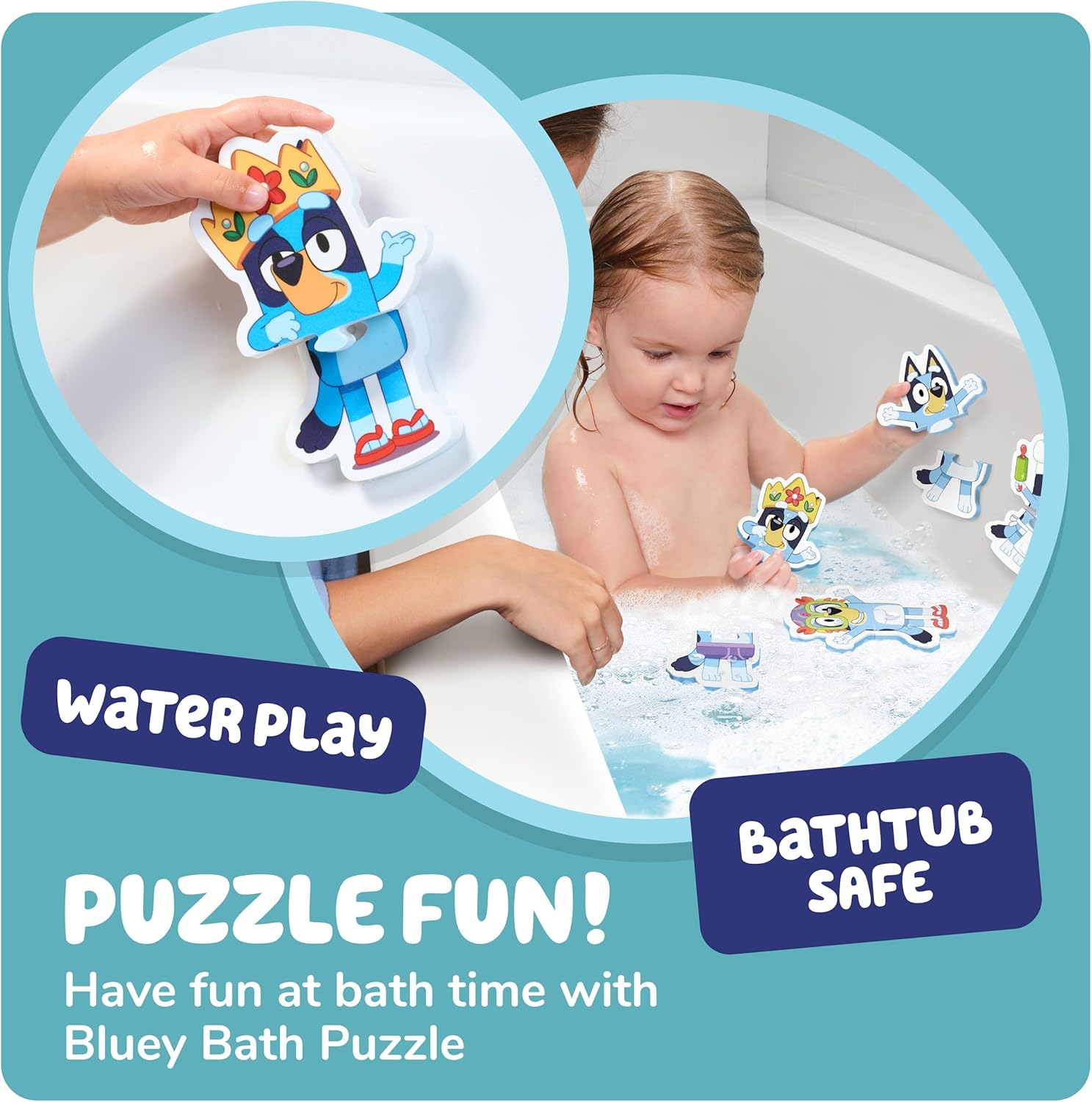 TOMY Toomies Bluey Bath Puzzle &ndash; 8-Piece Foam Jigsaw Puzzle Set with Mix & Match Bluey Poses, Soft Baby Bath Toys, Non-Toxic and Water-Friendly, Includes Mesh Storage Bag with Suction Cups, 18+ Months