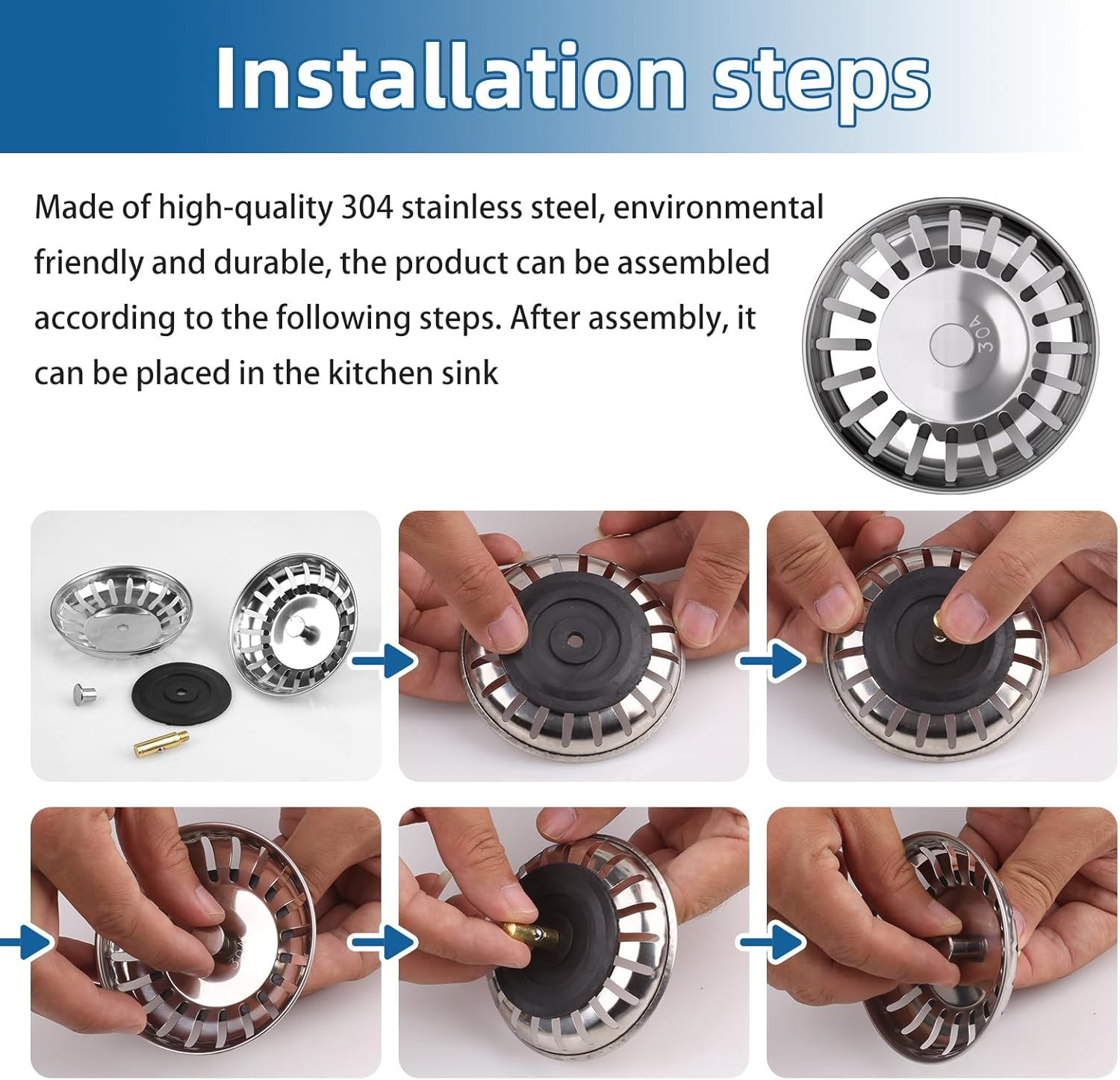 Sink Strainer Plug 304 Stainless Steel, Kitchen Waste Sink Plugger with Rubber Basket Filter & 20 Large Holes, Drain Filter Stopper Combo for Kitchen Bathroom Indoor Outdoor Use (2 Pcs, 82Mm)