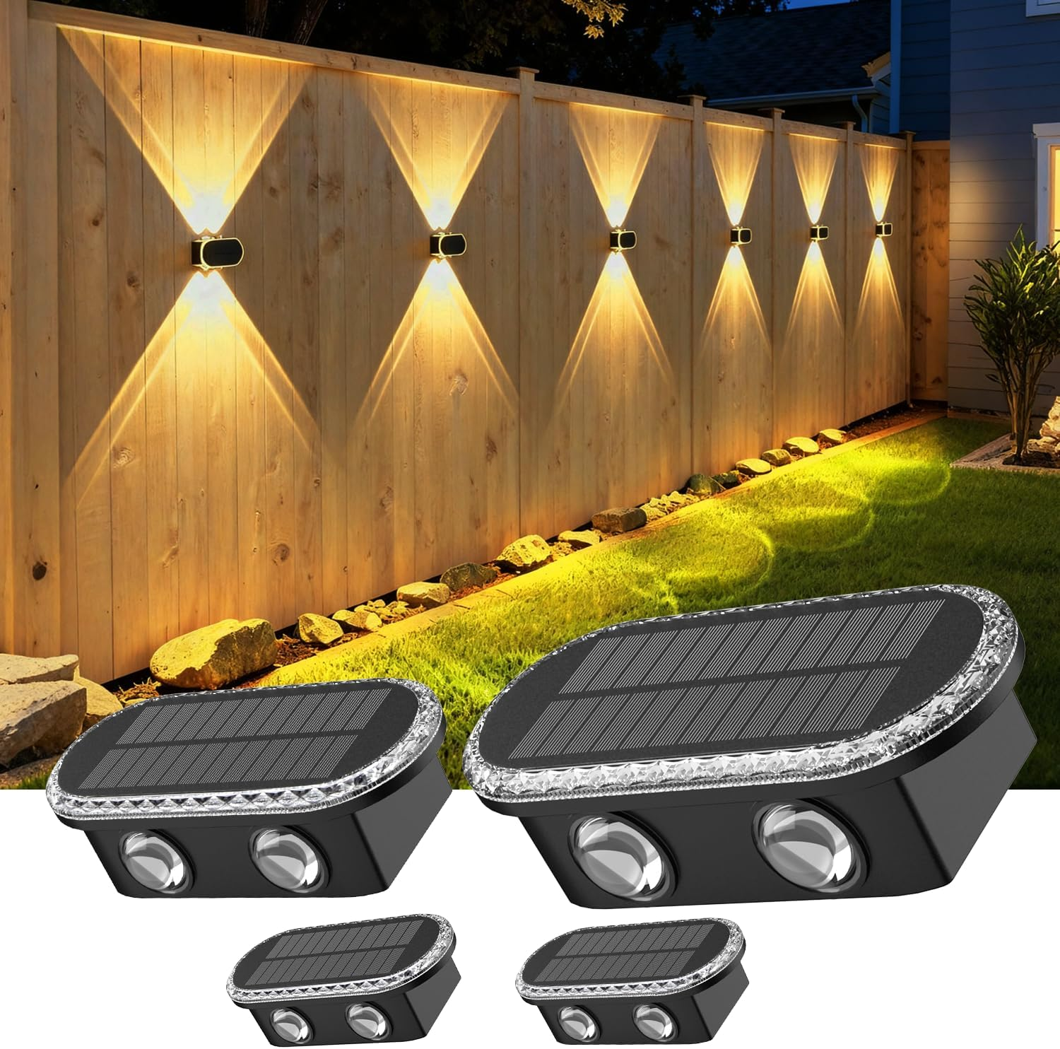 Ellasay Fence Lights Solar Powered: Outdoor LED Wall Lighting Dual Beam and 3 Color Modes IP65 Waterproof 12H Long Lasting Easy Mount for Garden Patio Backyard 4 Pack image number 4