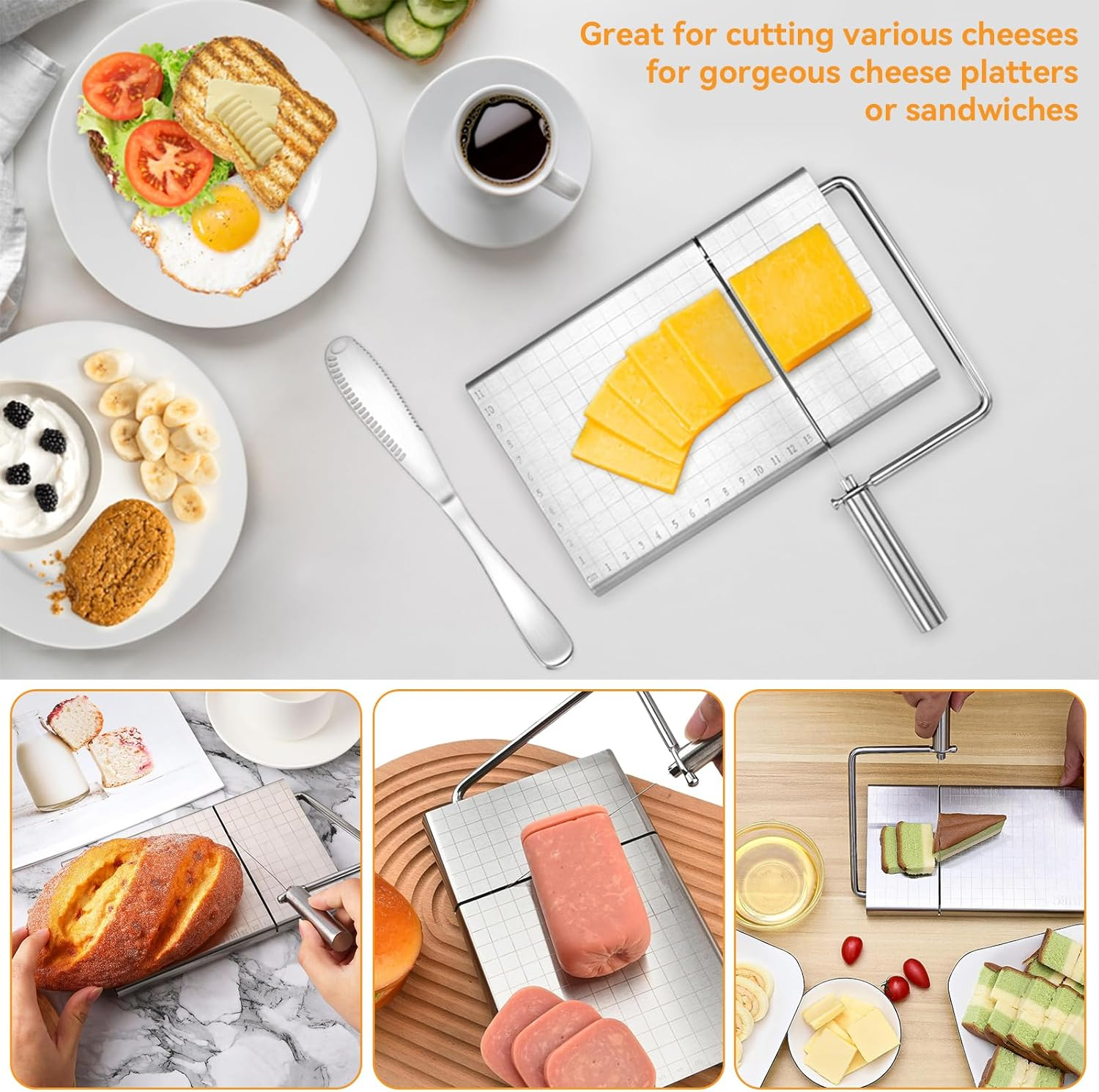 Aymorder Stainless Steel Cheese Cutter with 5 Extra Wires, Adjustable Slicer, Non-Slip Food Cutter for Cheese, Butter, Cake, Sausage (Silver) image number 6