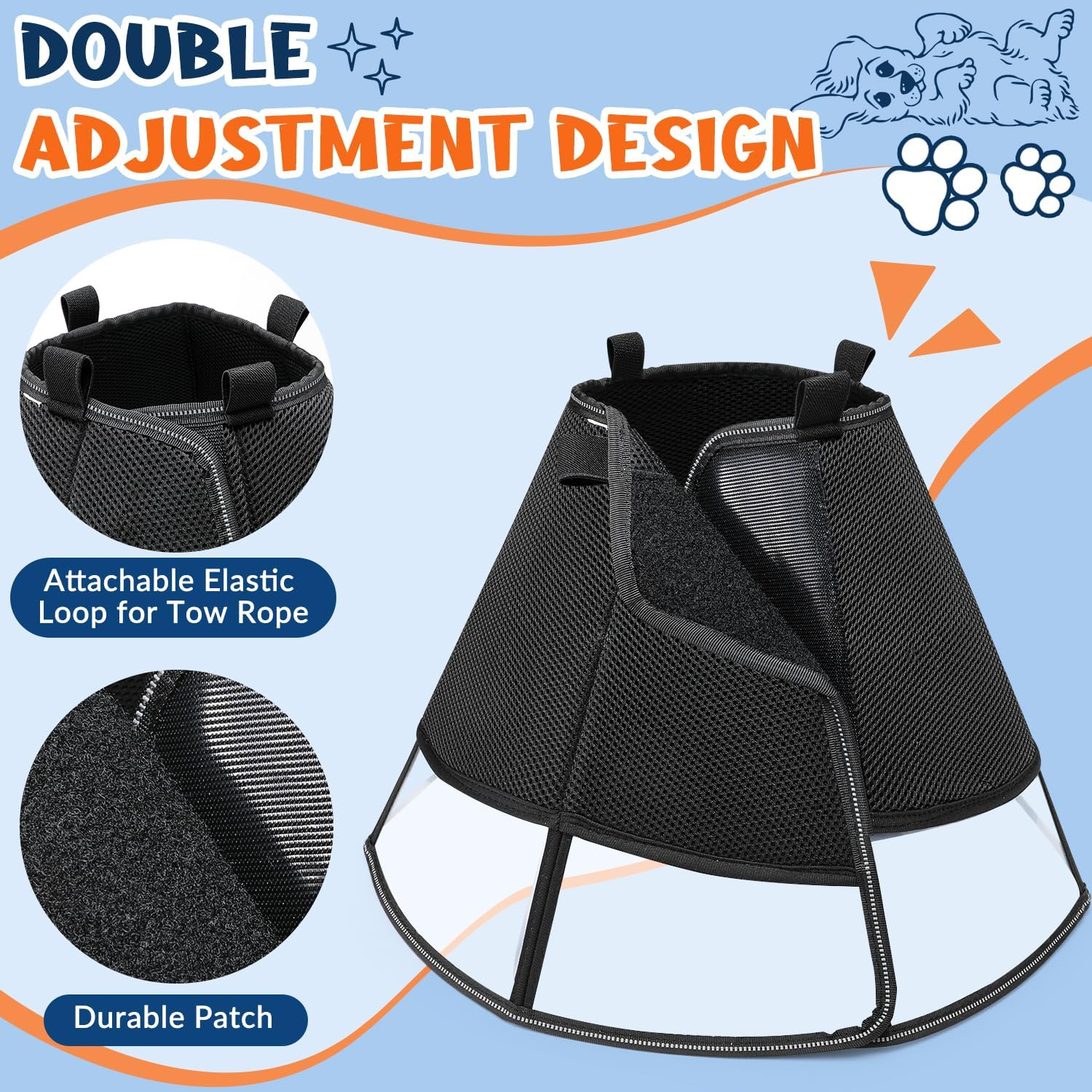 Slowton Soft Dog Cone Collar, Comfy Dog Recovery Collar after Surgery with Reflective Strips, Adjustable E Collar to Prevent Licking Biting, Breathable Elizabethan Collar for Small Medium Large Dogs