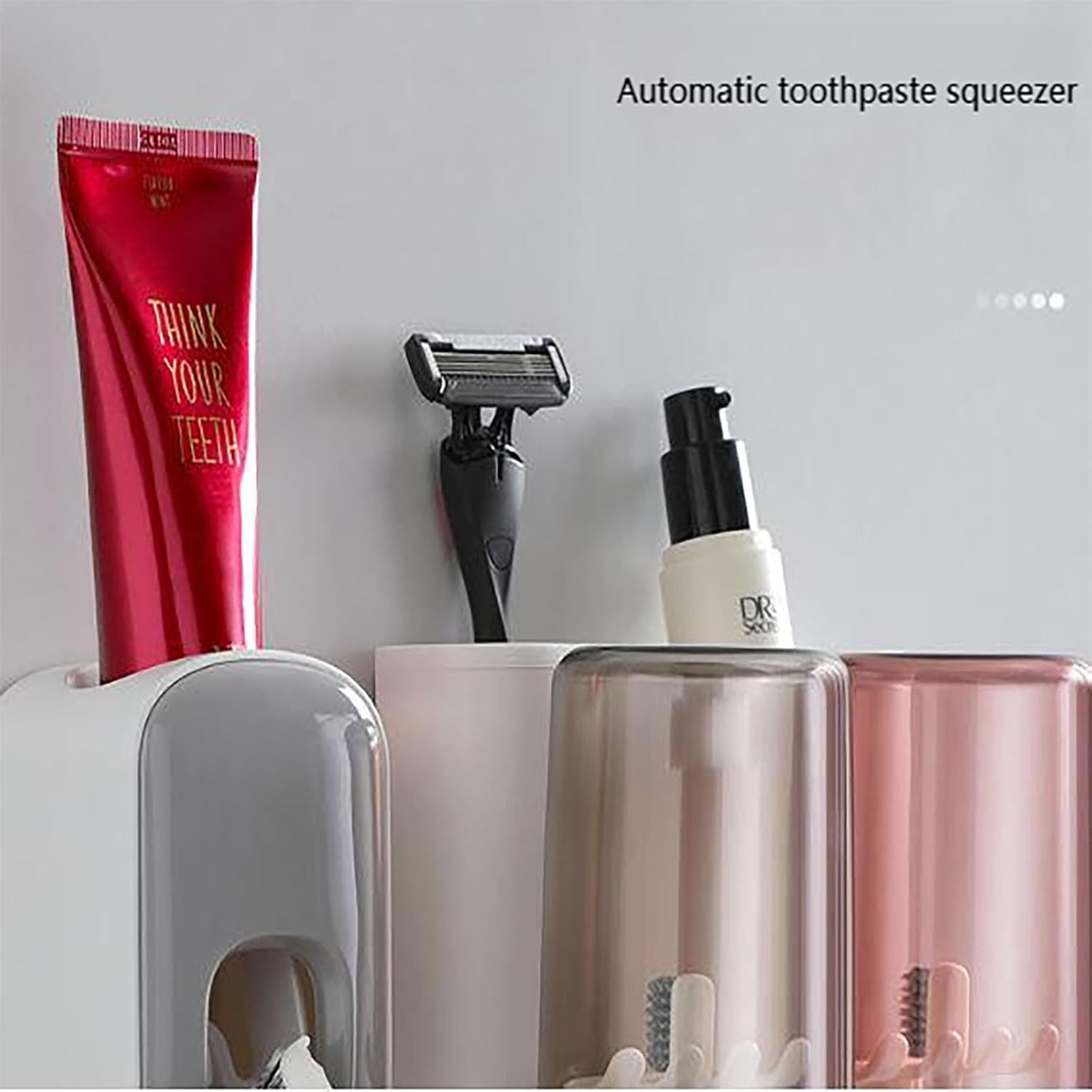 YAKESD Toothpaste Squeezer Tooth Brush Holder Set, Wall Mounted Toothpaste Dispenser with Anti-Dust Cover, 3-In-1 Bathroom Organizer and Storage Grids, Toothbrush Holder Set Included image number 3