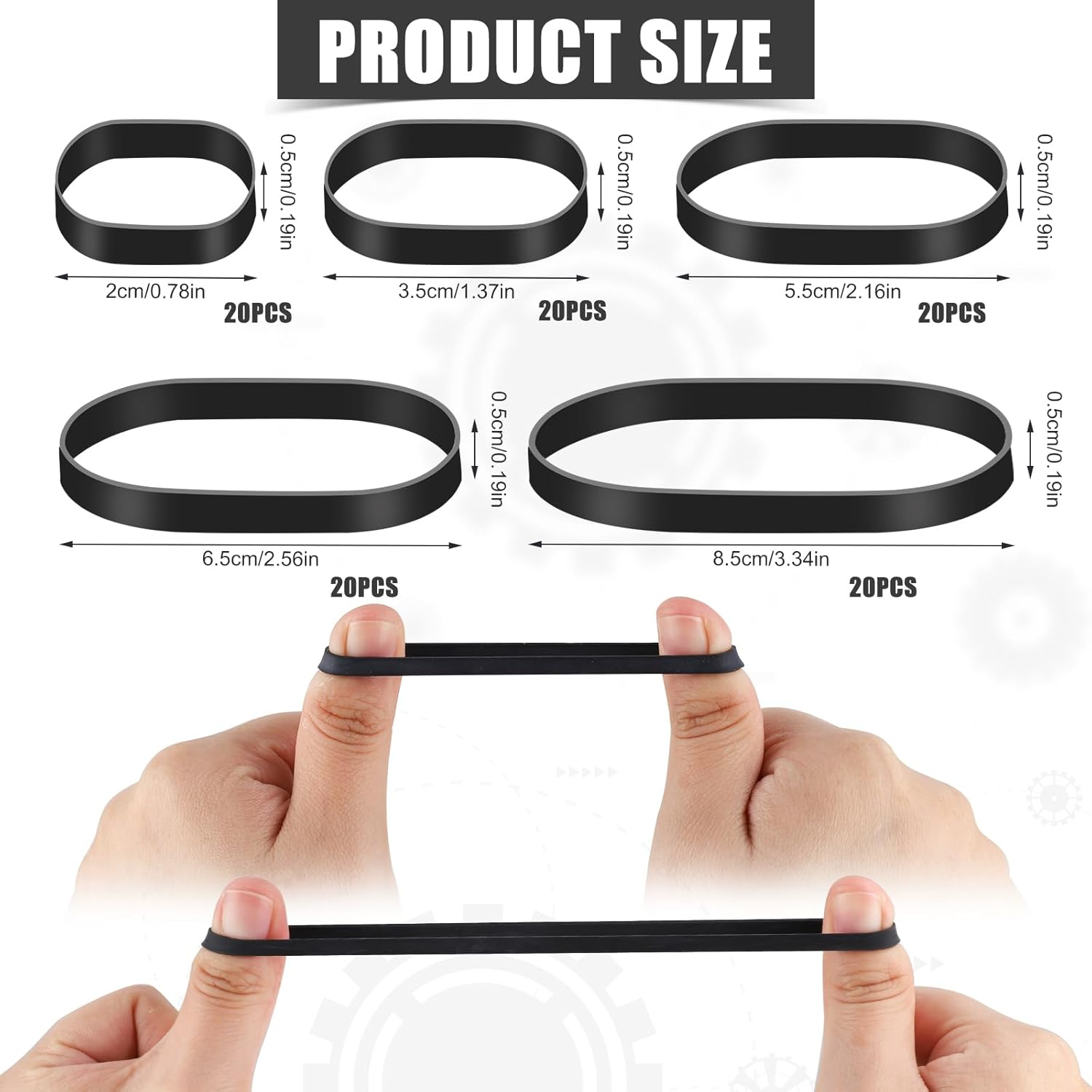 100Pcs Black Elastic Bands, 5 Sizes Thick and Durable Elastic Assorted Wide Elastic Band for Litter Folder Home School Office Supplies (8.5/6.5/5.5/3.5/2Cm) image number 5