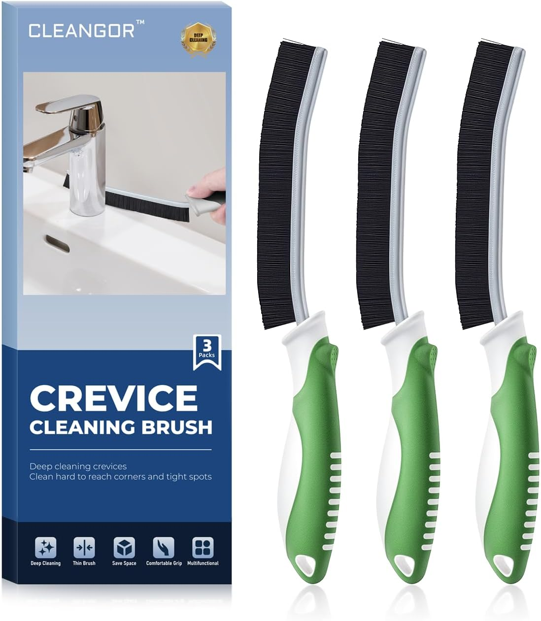 Cleangor Crevice Cleaning Brushes, Scrub Brush for Hard to Reach Small Space, Home Essentials, Cleaning Supplies, Cleaning Tools for Household Use, Bathroom, Shower, Kitchen, Toilet, Window (3, Black)