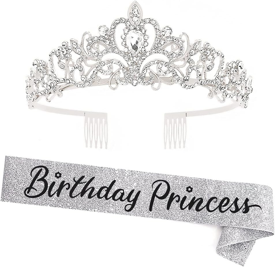 "Birthday Princess"Sash and Rhinestone Crown Set - Glitter Silver Fabric with Black Foil Letters Birthday Sash for Girl + Rhinestone Crown Set Birthday Party Gifts Birthday Party Supplies image number 5