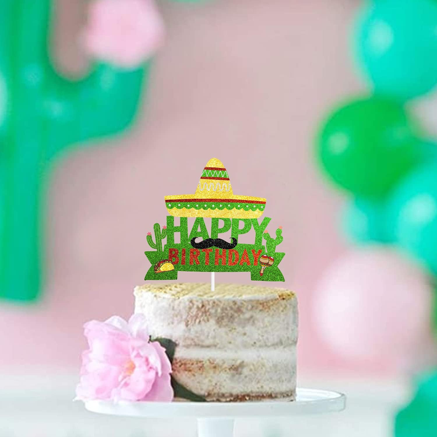 Cactus Cake Topper - Fiesta Theme Kids Boys Girls Man Women Party Decor Supplies - Mexican Maracas Moustache Happy Birthday Party Event Glitter Decoration Supplies image number 3