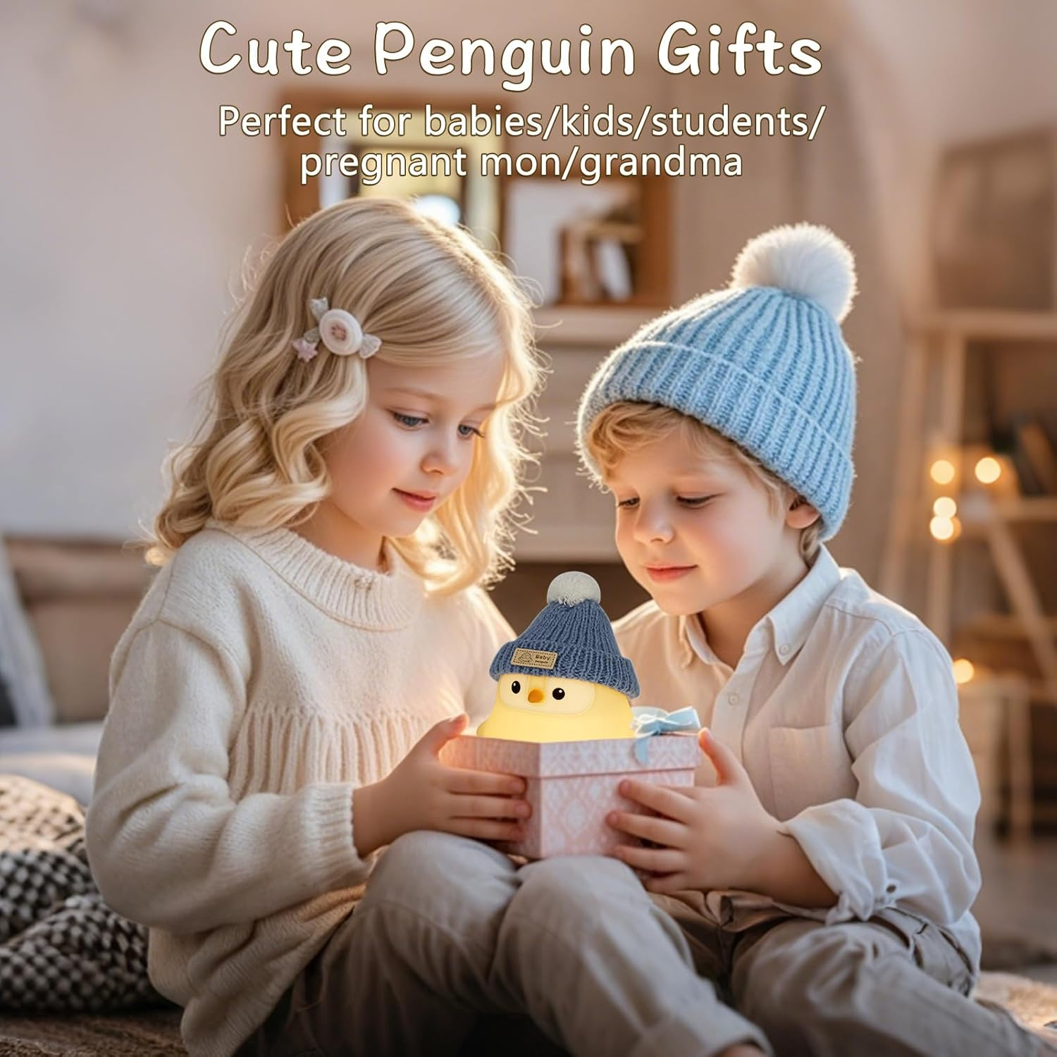 FAMIDUO Penguin Lamp with Knit Hat,Kawaii Penguin Night Light,Food Grade Silicone,Dimmable Nursery Nightlight,Led Squishy Novelty Animal Lamp,Kids Room Decor,Funny Gifts for Kids Boys Girls Baby image number 5