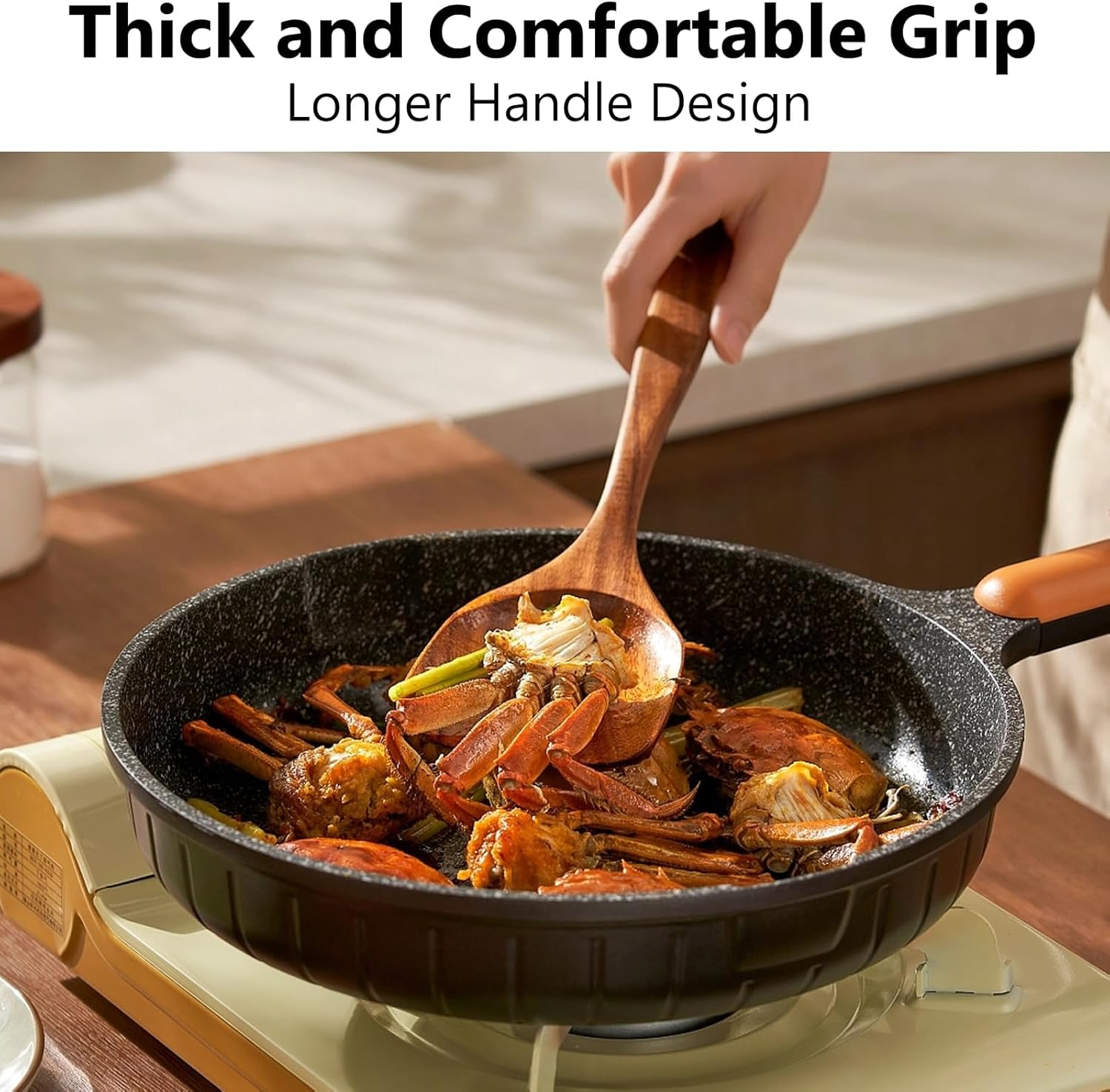 CATZONS Wooden Spoons for Cooking, Teak Wooden Kitchen Utensil Set - with Holder & Spoon Rest, Smooth Finish Comfort Grip Teak Wooden Spatula Set, 7 PCS Set image number 4