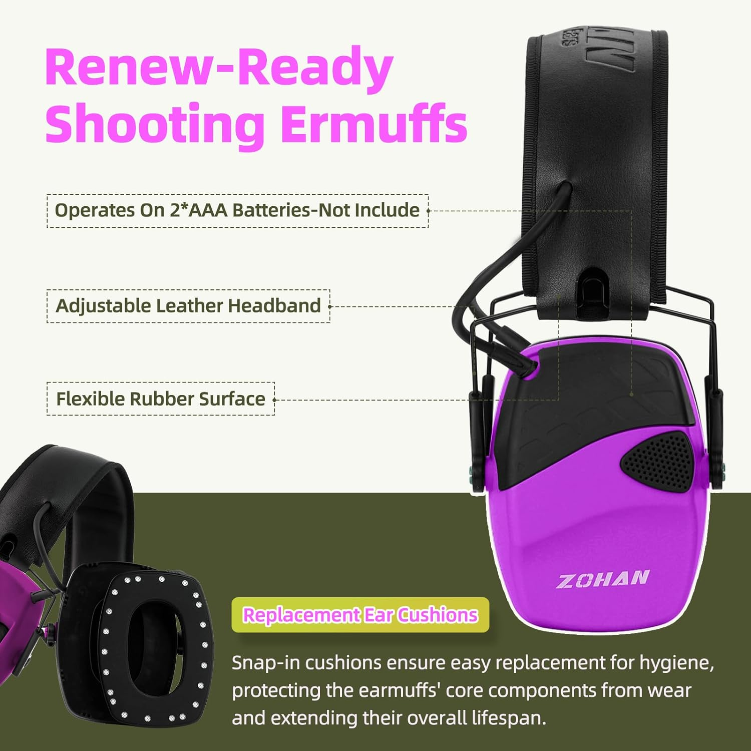 ZOHAN EM054 Electronic Ear Protection for Shooting, Ultra Slim Profile Earmuff for Shooting & Hunting - Nrr22Db - Pink image number 5