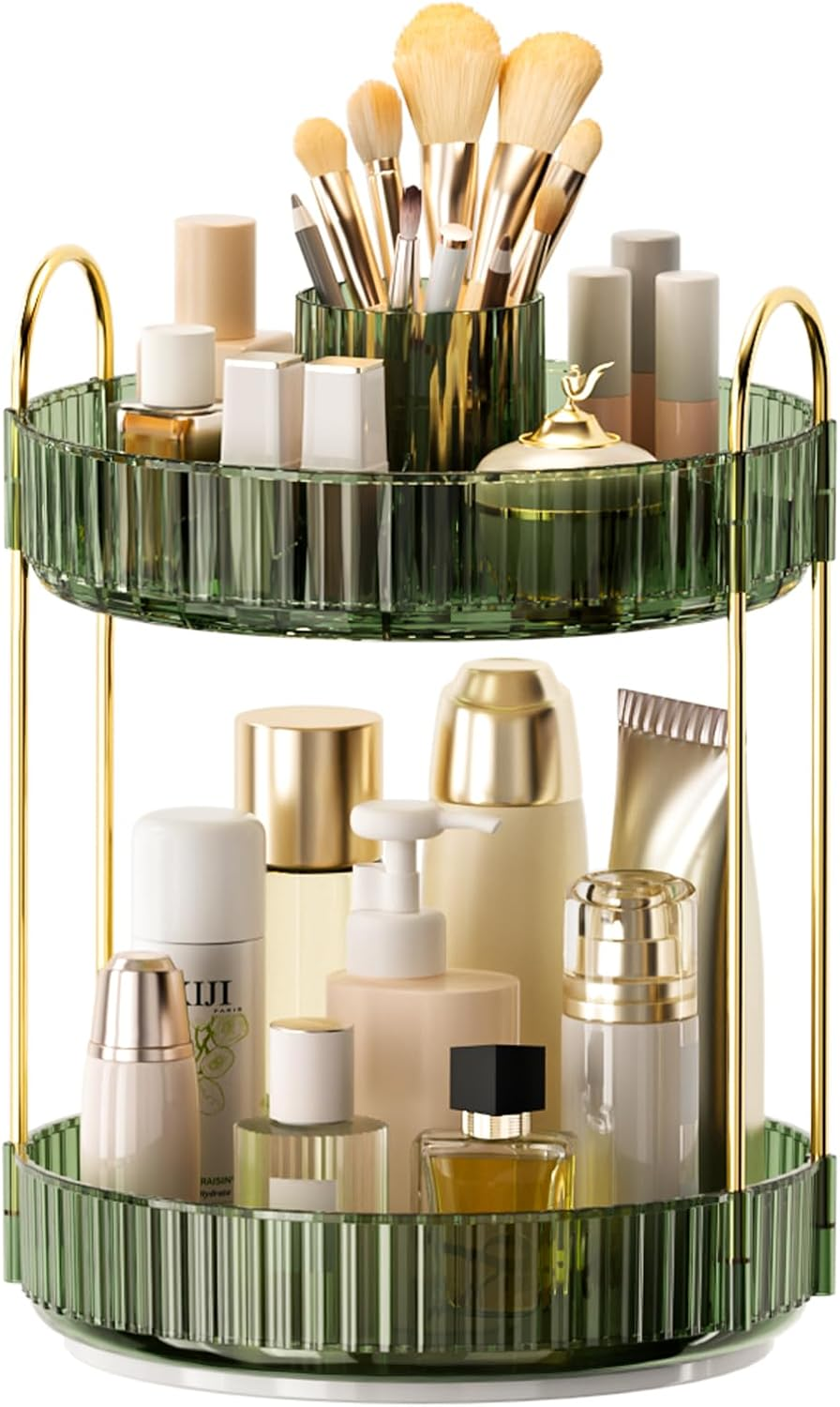 360&deg; Rotating Makeup Organizer, Upgraded 2 Tier Skincare Perfume Organizers for Women, Bathroom Organizer Countertop, Clear Cosmetic Dresser Organizer with Makeup Brush Holder, Sink&Counte (Clear)