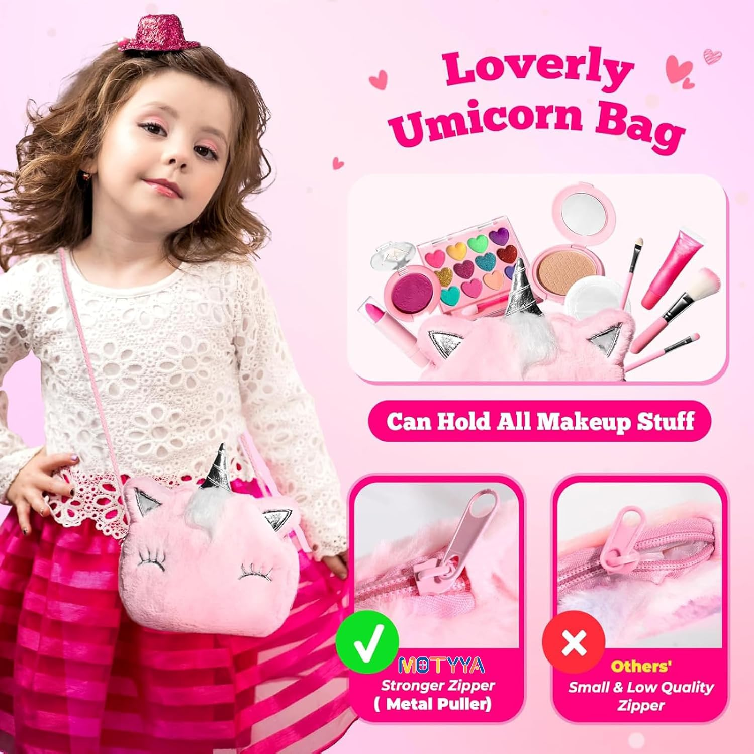 MOTYYA Kids Real Makeup Kit for Girls, Non Toxic, Washable Make up Set with Mini Coin Purse Cute Umicorn Princess Toys for 3 4 5 6 7 8 9 10 12 Years Old Little Girls Birthday Gift (Pink) image number 1