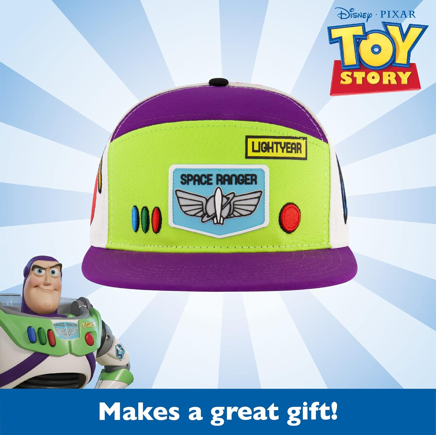 Concept One Disney Pixar Toy Story 4 Baseball Cap, Buzz Lightyear Adult Snapback Hat with Flat Brim