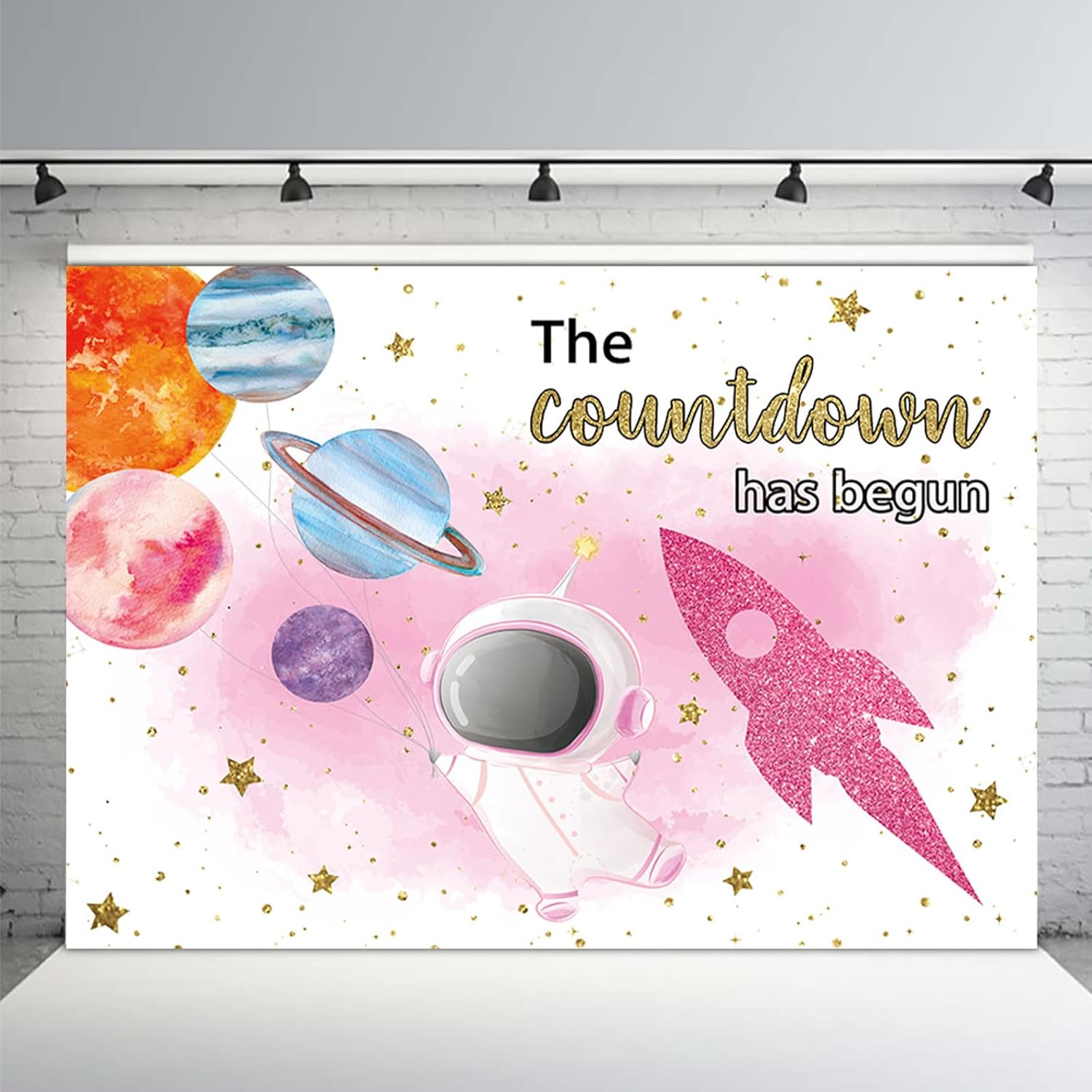 APROPHIC Space Baby Party Background Pink Astronaut Girl Countdown Has Begun Rocket Background, Planet Baby Shower Decoration Banner Photography Background 210 X 150 Cm image number 4