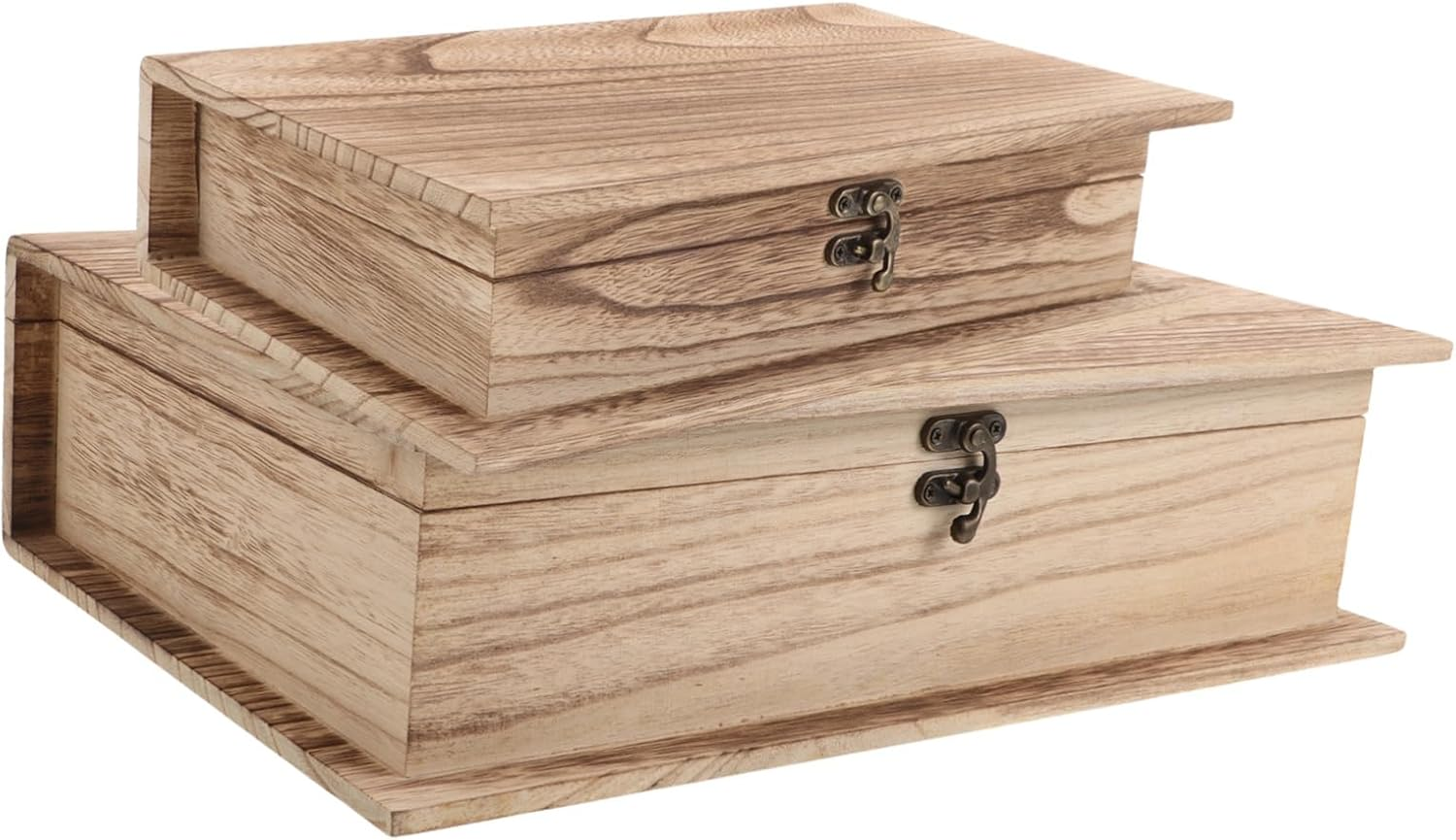 2Pcs Classic Book Shape Wood Trinket Case Lock Large Jewelry Box for Cards Storage Natural Wood Decor image number 4