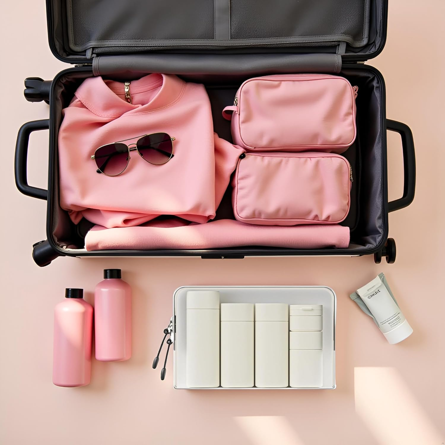 Wacloud Travel Cream Dispenser Set &ndash; 5Pcs TSA Approved Toiletry Bottles with Leak-Proof Case, Refillable Lotion & Shampoo Containers for Travel, Gym & Carry-On (White) - Pink image number 2