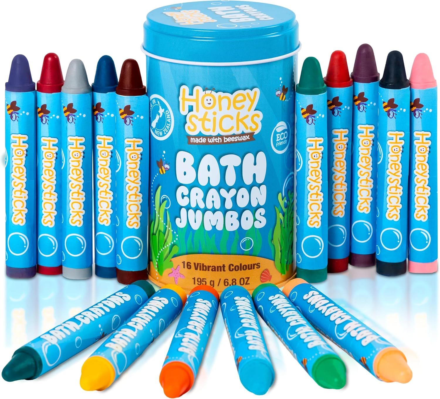 Honeysticks Jumbo Bath Crayons Non Toxic (16 Pack) for Toddlers 1-3 and Kids 4-8, Natural Beeswax Crayons, Food-Grade Colors, Fragrance Free, Non Irritating, Bath Toys for Bathtub, Shower, Gift image number 1