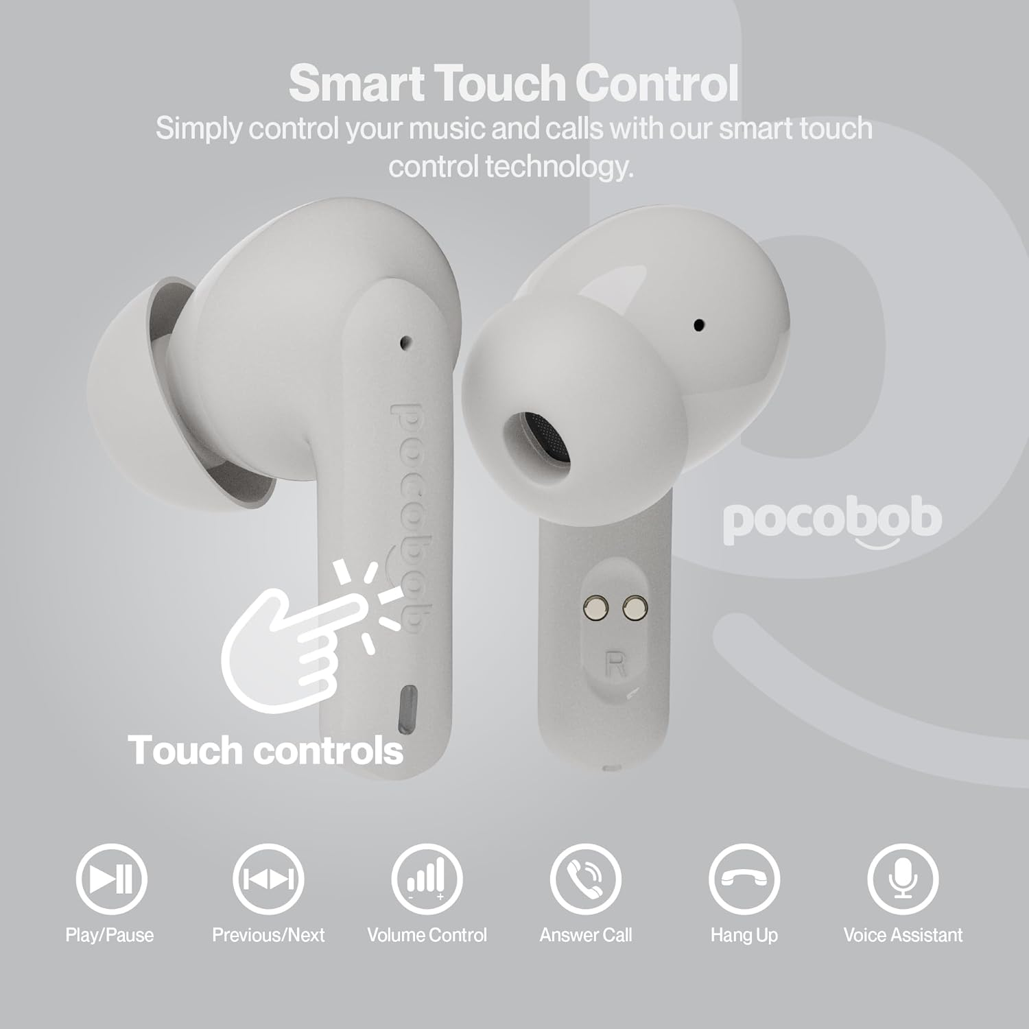 Pocobob 8 Bluetooth 5.3 In-Ear Headphones with Microphone, ENC, App Control, 32 Hours Battery, Touch, USB-C, IPX4 Water Protection - True Wireless Earbuds - Beige