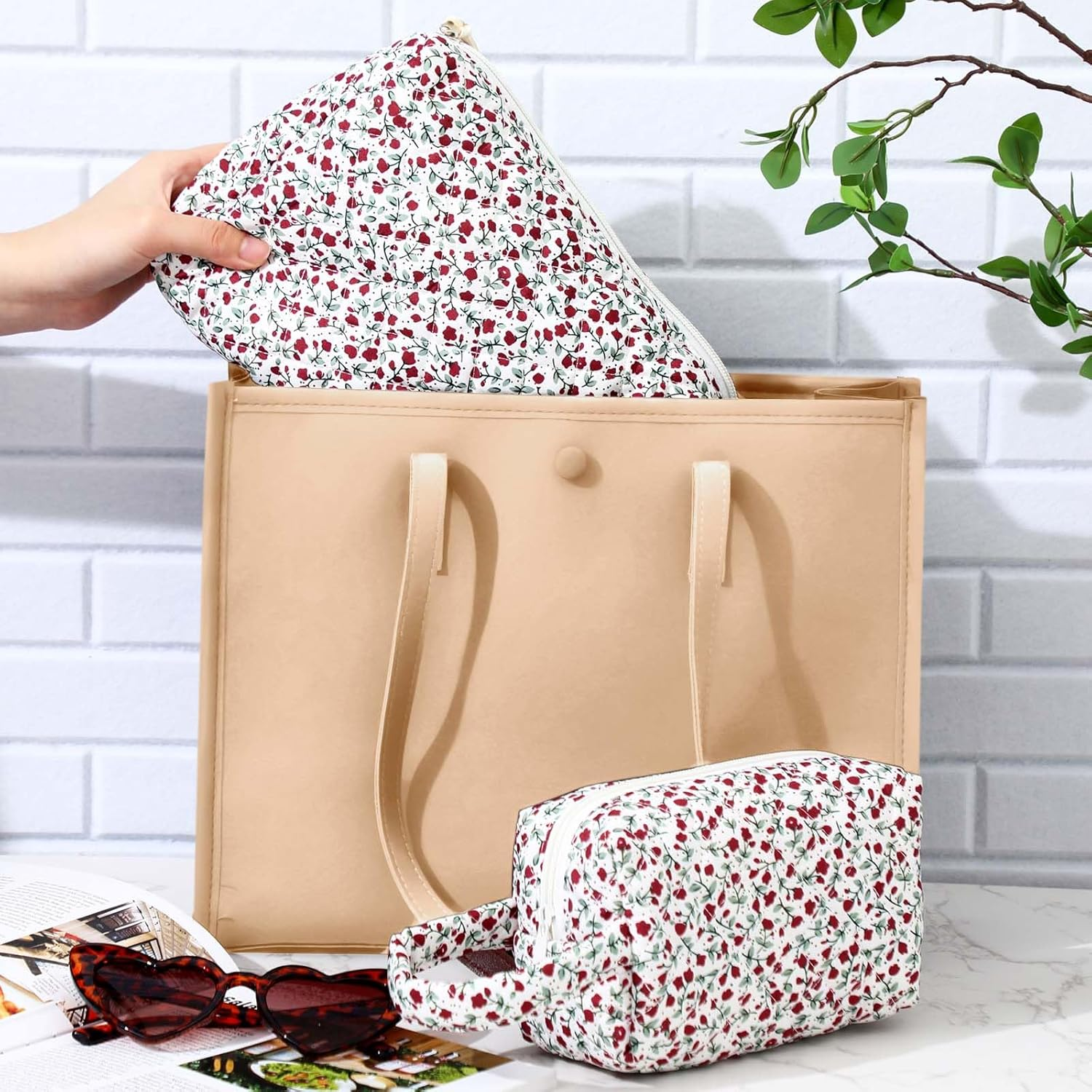 Paterr Makeup Bag Set 3 Pcs Large Quilted Cotton Make up Bags for Women Cosmetic Travel Toiletry Organizer Pouch Cute Aesthetic Storage Purse, Red, Red Floral image number 2