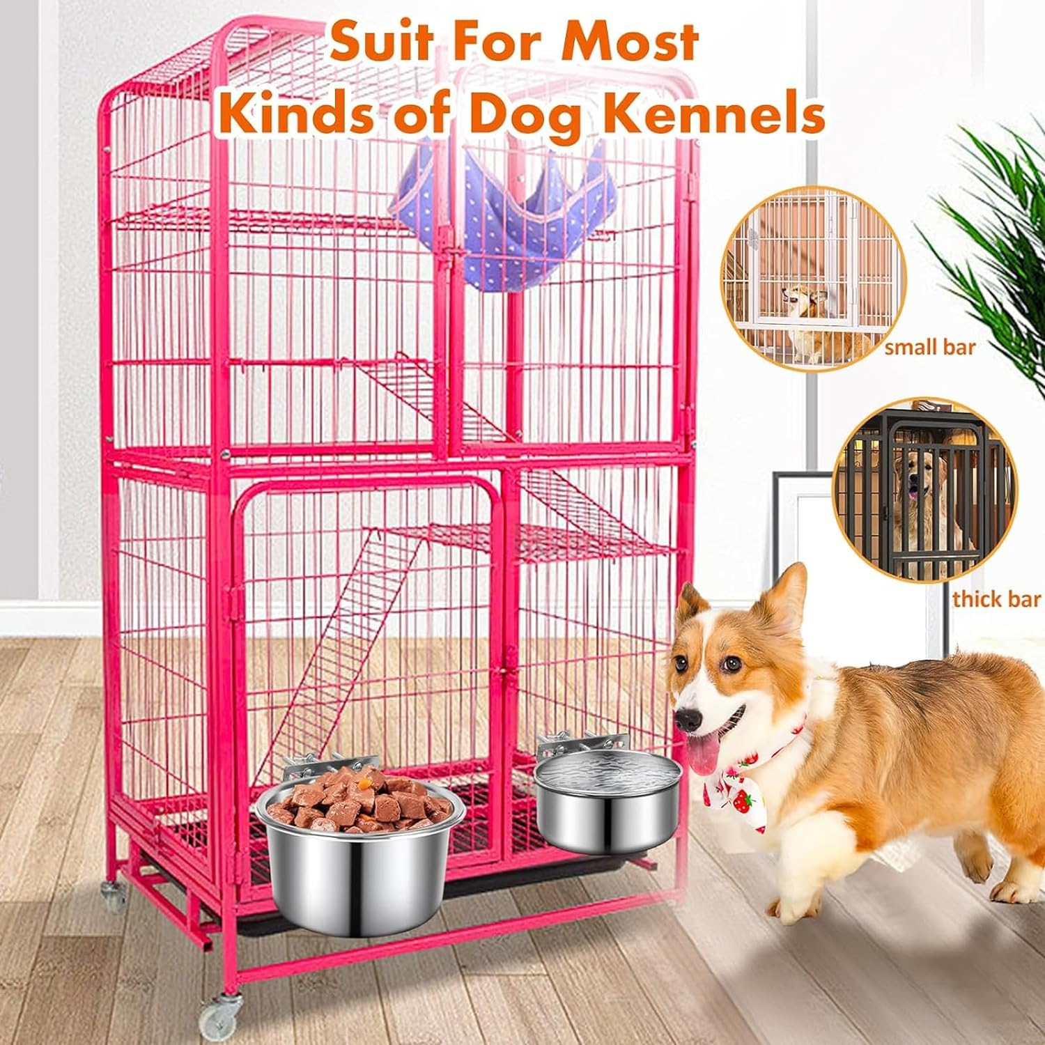 Dog Crate Water Bowl No Spill, PRENDIEEN 2 Pack Stainless Steel Large Dog Water Bowls for Cage, Crate, Kennel - Hanging Detachable Pet Water/Food Bowl for Indoor & Outdoor (18X9.4 & 16X6.6Cm) image number 6