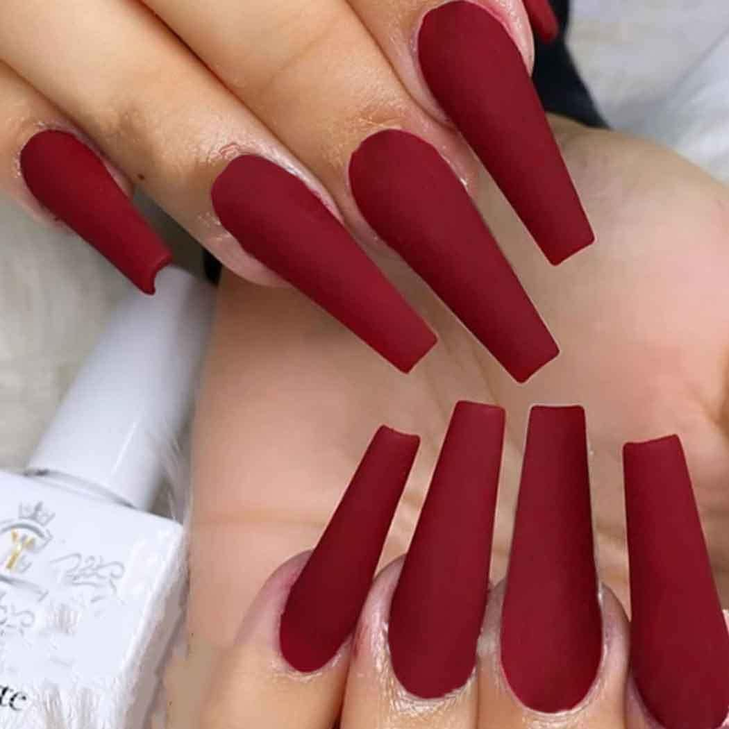 Matte Super Long False Nails Coffin Ballerina Extra Long Press on Nails Acrylic Fake Nails Acrylic Full Cover Nails 24Pcs (Wine Red) - Red image number 6