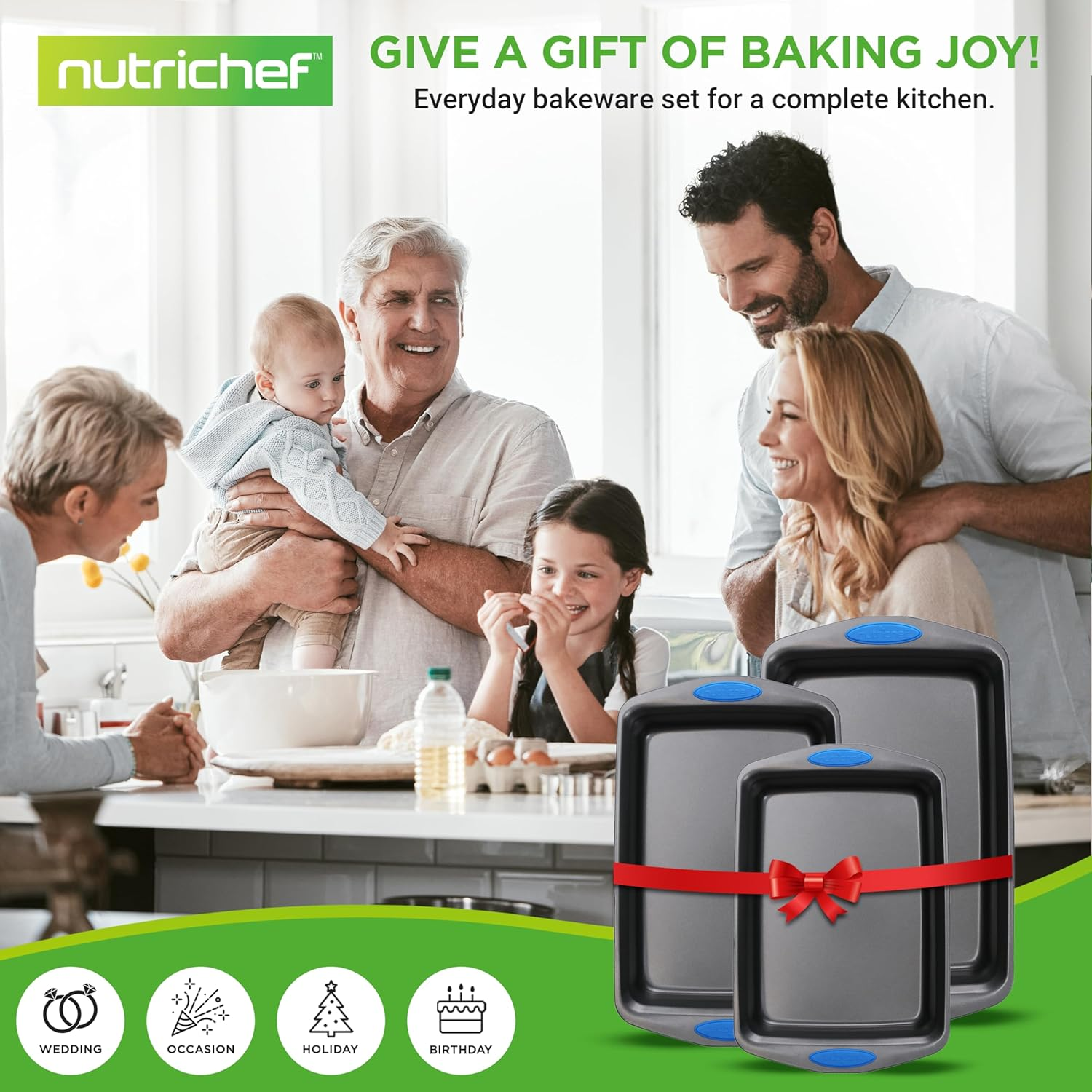 Nutrichef 3-Piece Baking Pan Set - Premium Nonstick Carbon Steel Bakeware W/Silicone Handles - Includes Large, Medium, & Small Pans for Baking & Roasting - PFOA, PFOS, PTFE Free - Gray - Gold image number 3