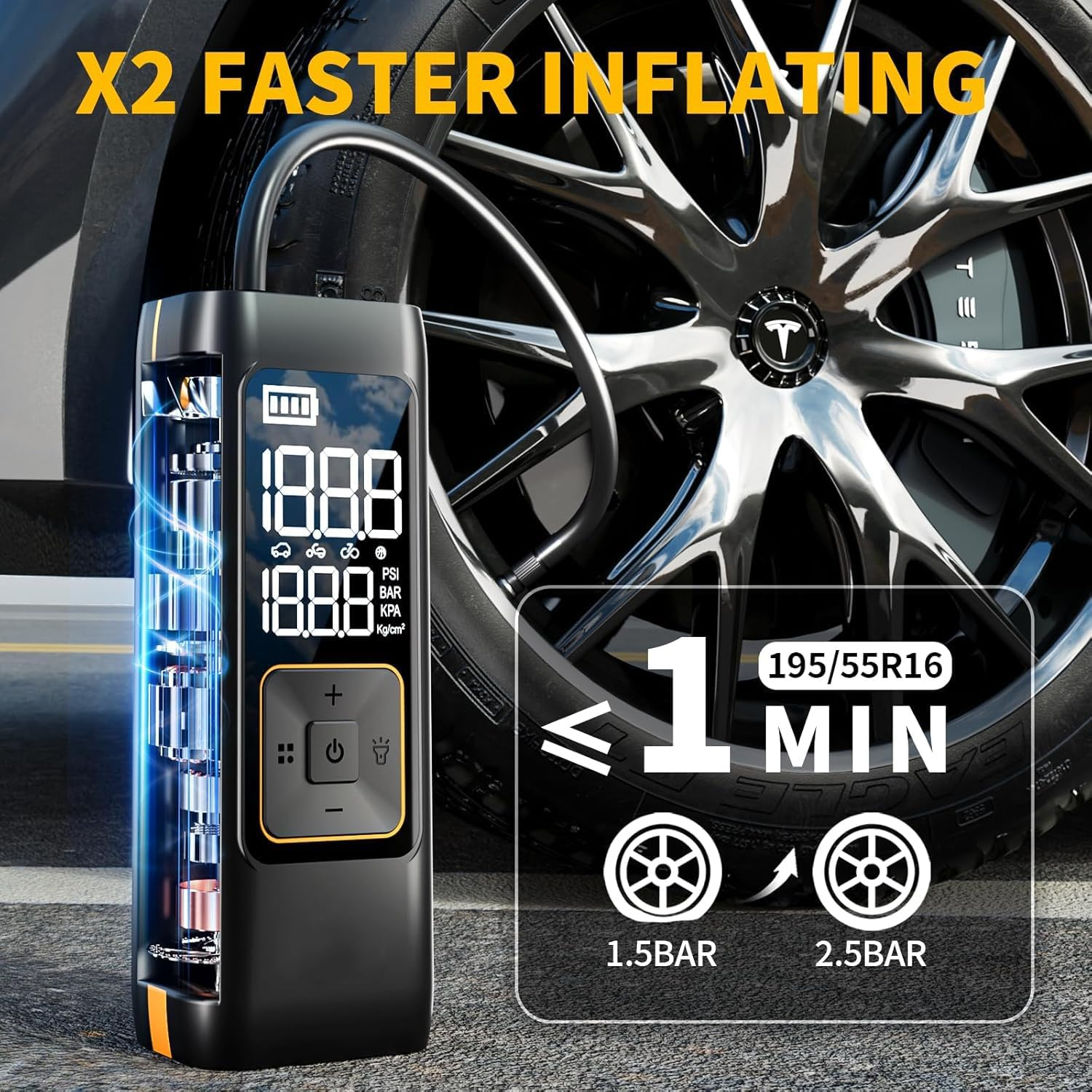 Tyre Inflator Portable Air Compressor, DC 12V Electric Tyre Pump with Digital Pressure Gauge & LED Light, 150PSI Air Pump with Auto Shut off for Cars, Motorcycles, Bikes, Bicycles, Balls image number 1