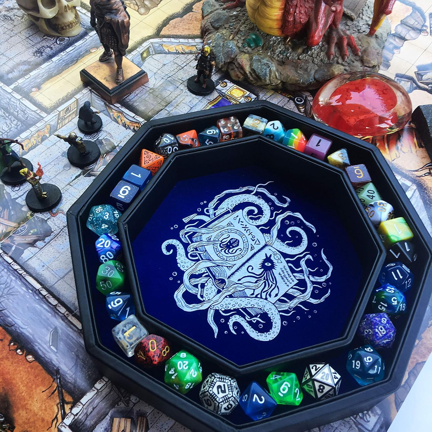 Fantasydice-Cthulhu Tome-Blue- Dice Tray - 8" Octagon with Lid and Dice Staging Area- Holds 5 Sets( 7 Dice Set/ Standard) for All Tabletop Rpgs like D&D , Call of Cthulhu, Shadowrun. image number 5