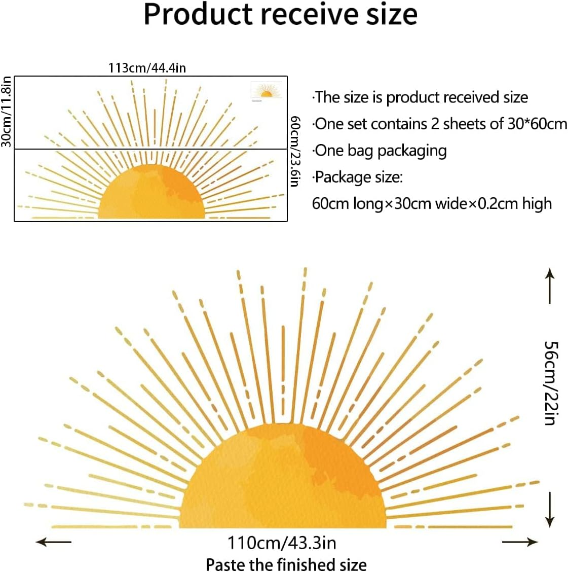 43.3 X 22.2 Inch Large Boho Half Sun Wall Decals Removable Sunshine Wall Sticker Vinyl Peel and Stick Half Sun Decals Wall Art for Girls Kids Bedroom Nursery Playroom Decor image number 2