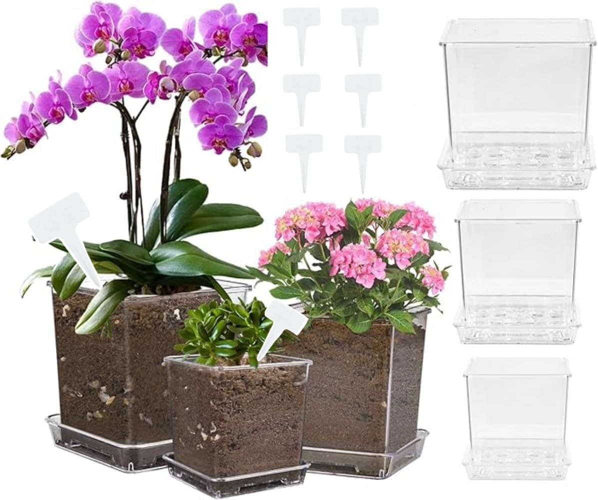3PCS Clear Plant Pots with Drainage Holes, 5/4/3.5 Inch Clear Pots for Plants, Acrylic Transparent Plastic Plant Pots Square for House Plants, Flowers with 6Pcs Labels image number 3