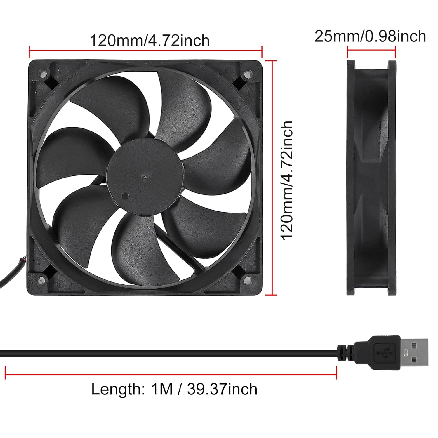 2Pcs USB Fan 5V 12025 Cooling Fan Ball Bearings Brushless Axial Fan 120X120X25Mm USB Computer PC Fan with Srews Metal Grill Cover for Computer Case Cooling Fan CPU Coolers Radiators image number 6