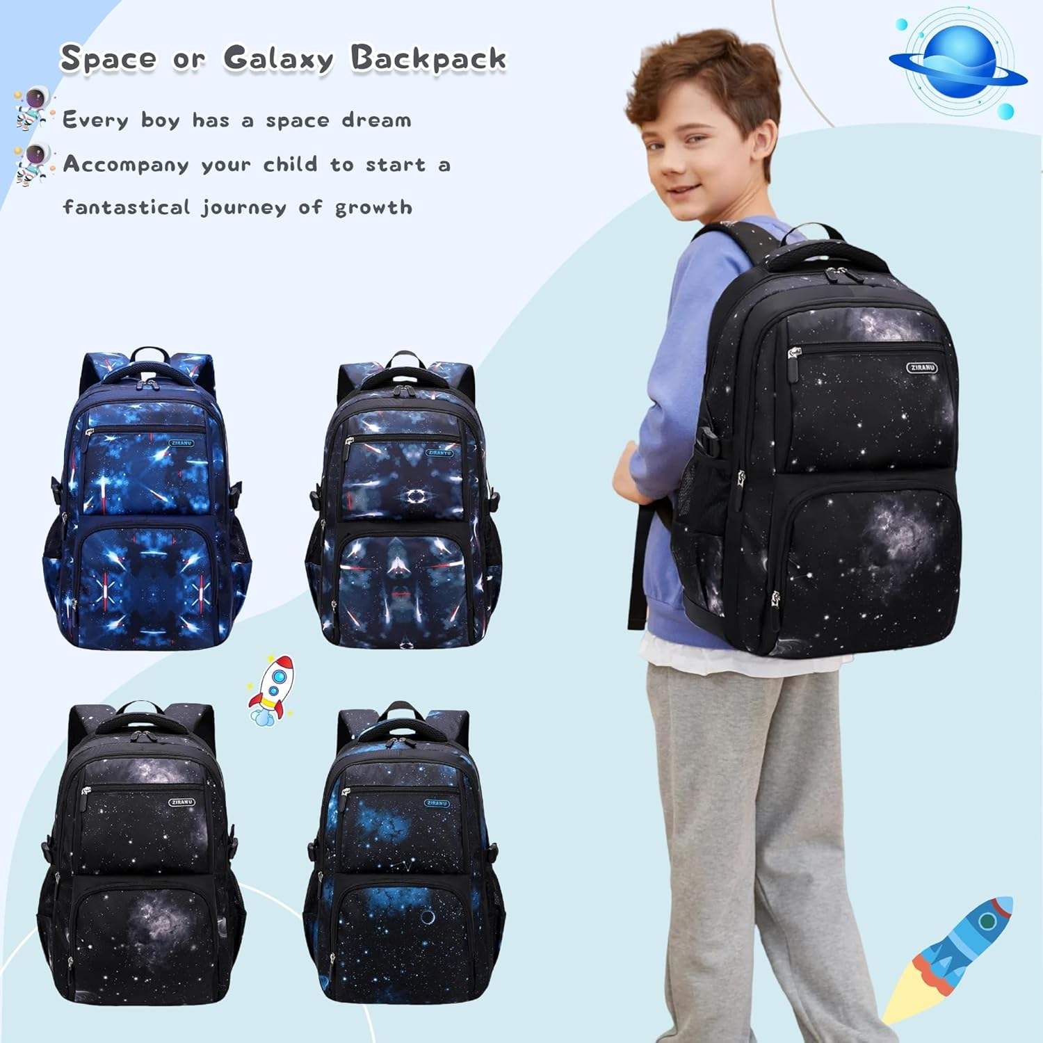 Galaxy-Print School-Bag Backpack for Boys Middle-School Elementary Bookbag image number 2