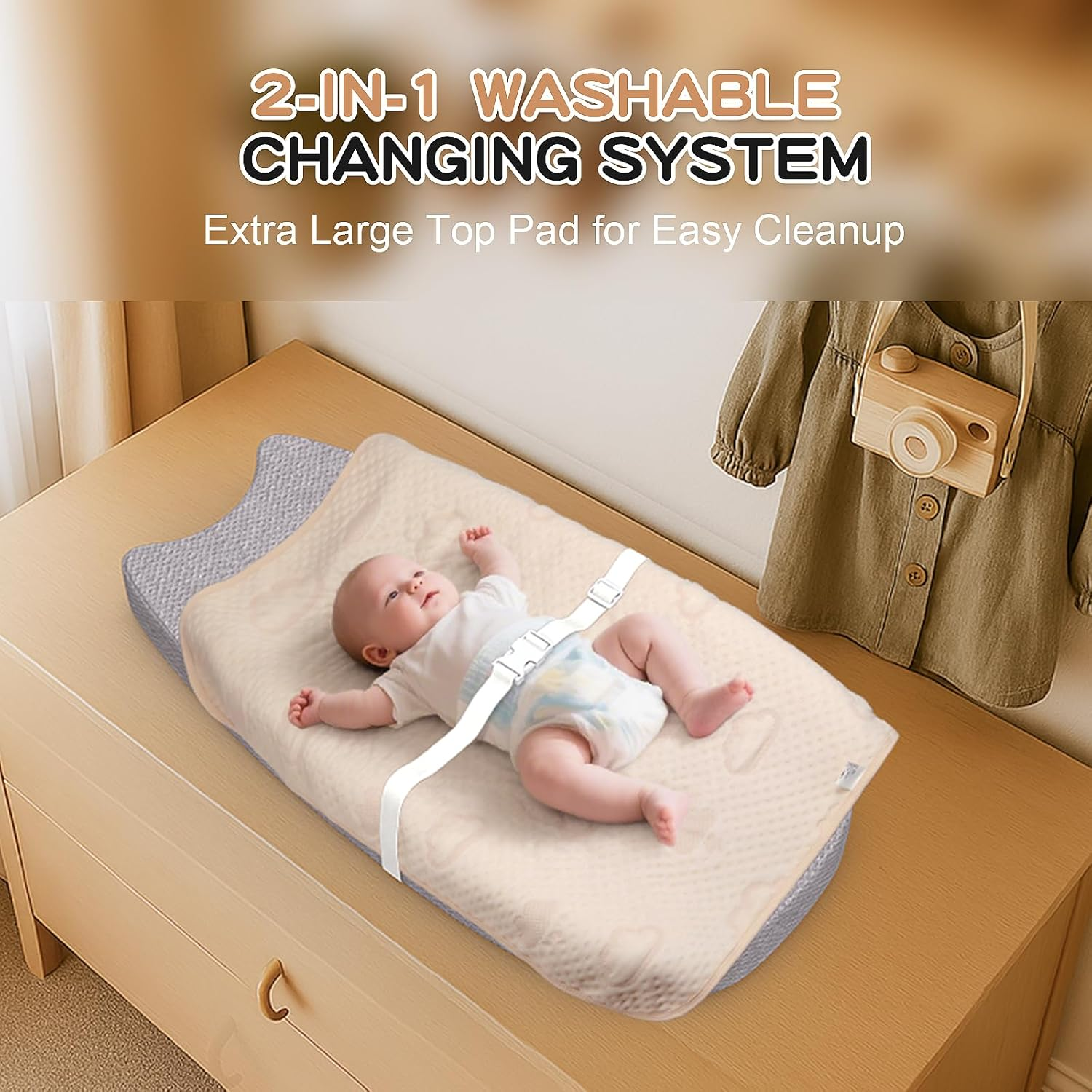 Changing Pad with Waterproof Cover and Removable Towel Liner, U-Shaped Contoured Sides, Safety Strap & Non-Slip Base, Fits Standard Changing Tables image number 1