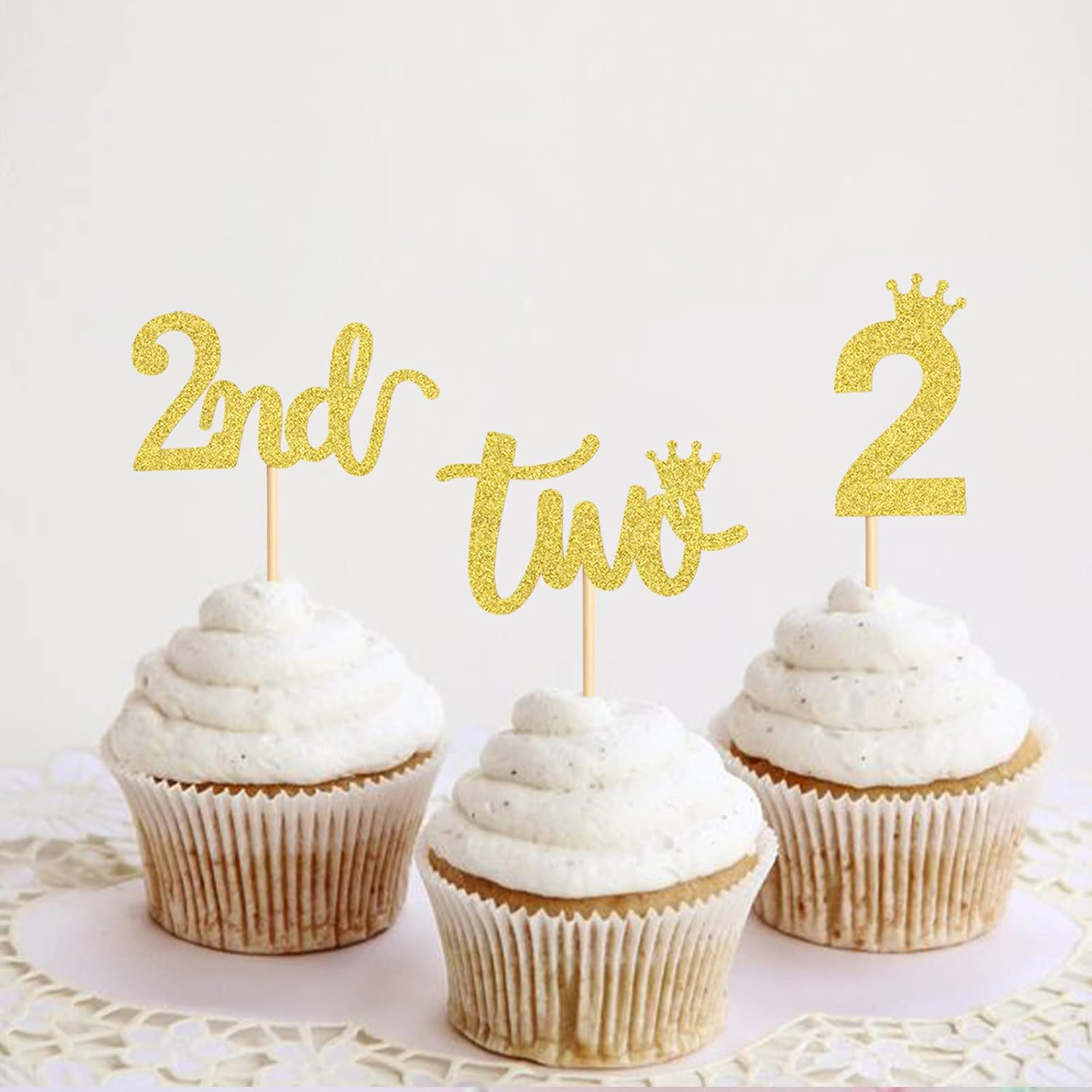 24PCS 2Nd Crown Birthday Cupcake Toppers Two Birthday Two Cupcake Picks Baby Shower Theme Prince Crown Party Cake Decorations Supplies Gold image number 4