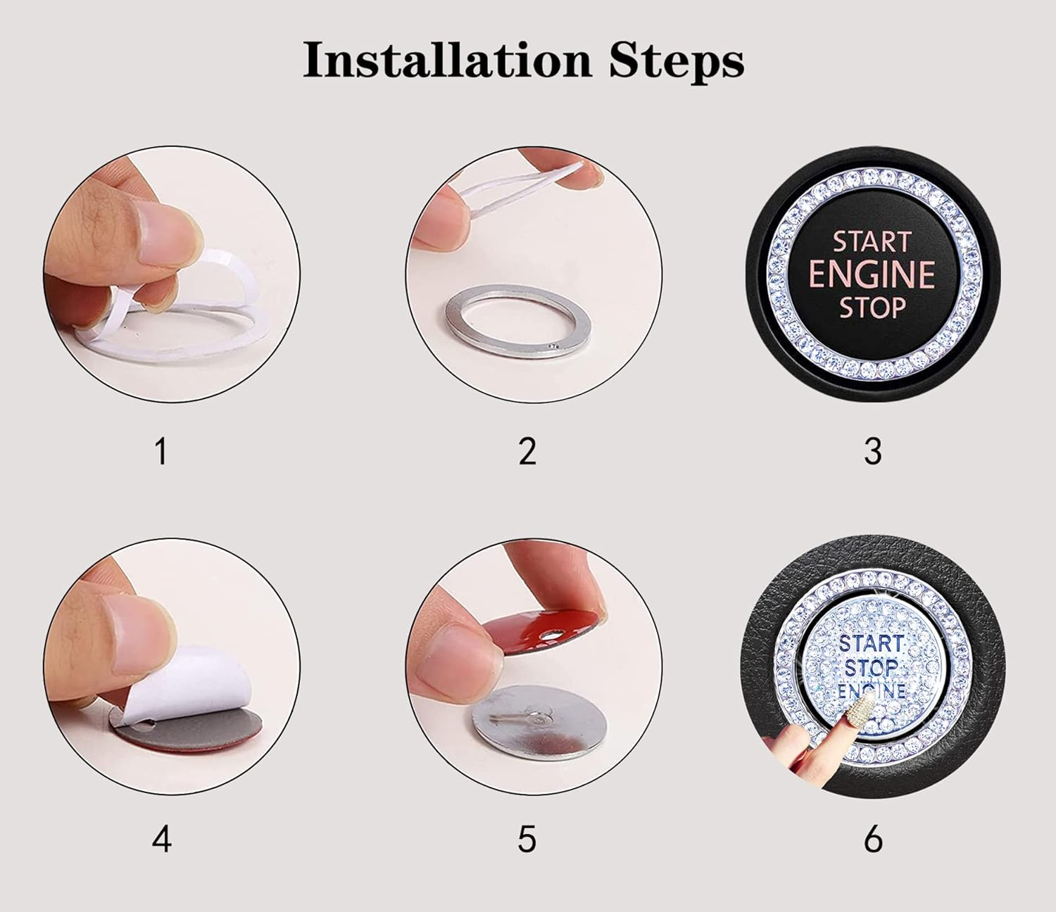 Engine Start Stop Button Bling Ring Cover,Key Ignition Starter & Knob Ring Crystal Rhinestone Cover, Push Start Button Cover Diamond Decor, Car Emblem Badge Sticker Women (Ring+Cover, Silver) image number 3