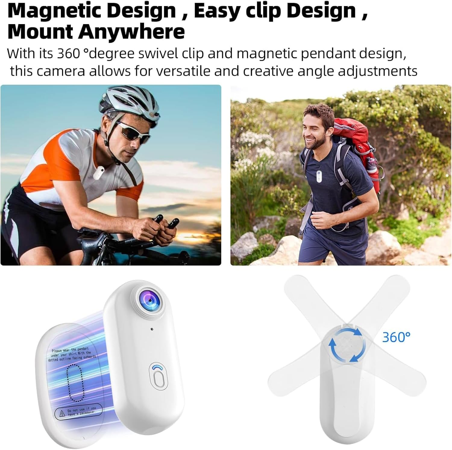 Body Camera Cam, 1080P Thumb Action Camera with Spring Clip, Wearable Necklace Mini Body Camera, Helmet Cam for POV Recording, Portable Vlogging,Cycling, Motorcycle, Travel (1080P White) - 1080P Black image number 4