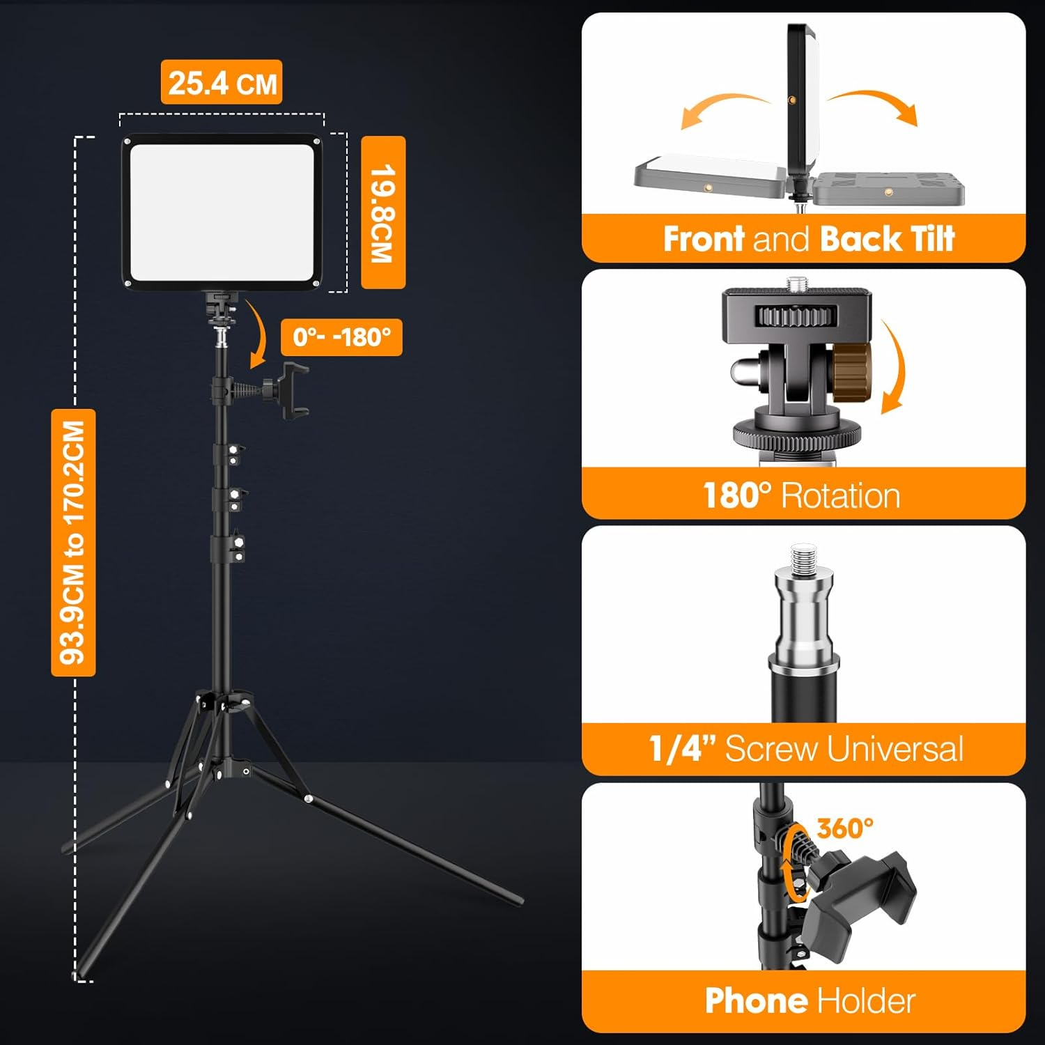 2-Pack LED Video Light Kit, EMART Studio Light with Phone Holder& Light Barndoor, 2800-7000K Dimmable Photography Lighting for Video Recording, 60'' Tripod for Streaming, Youtube, Make Up image number 1