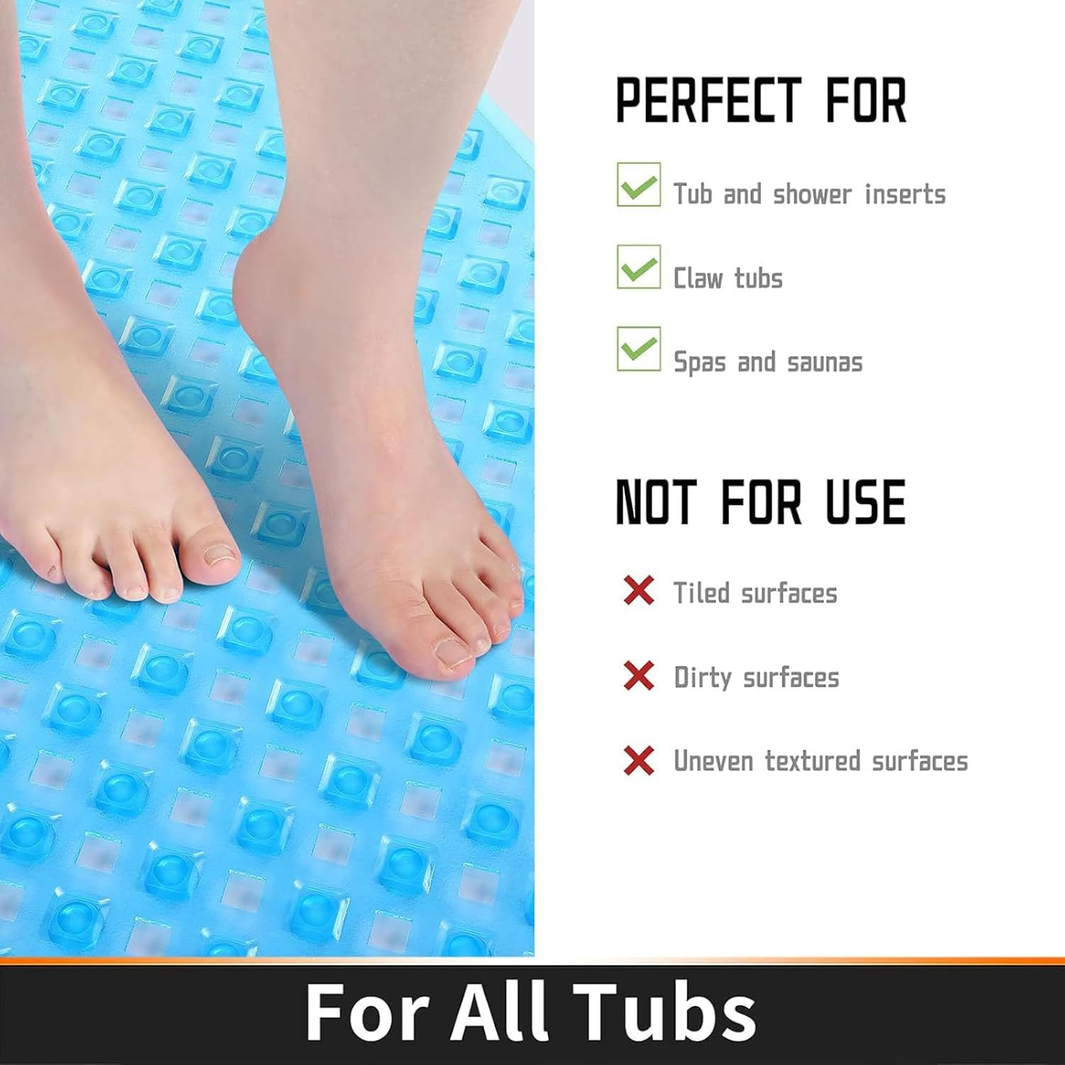 Non Slip Soft Bath Mat with Suction Cups & Drain Holes - Washable Bathtub Floor Liner for Bathroom - Luxurious and Comfortable - 88 * 40 CM, Blue image number 1