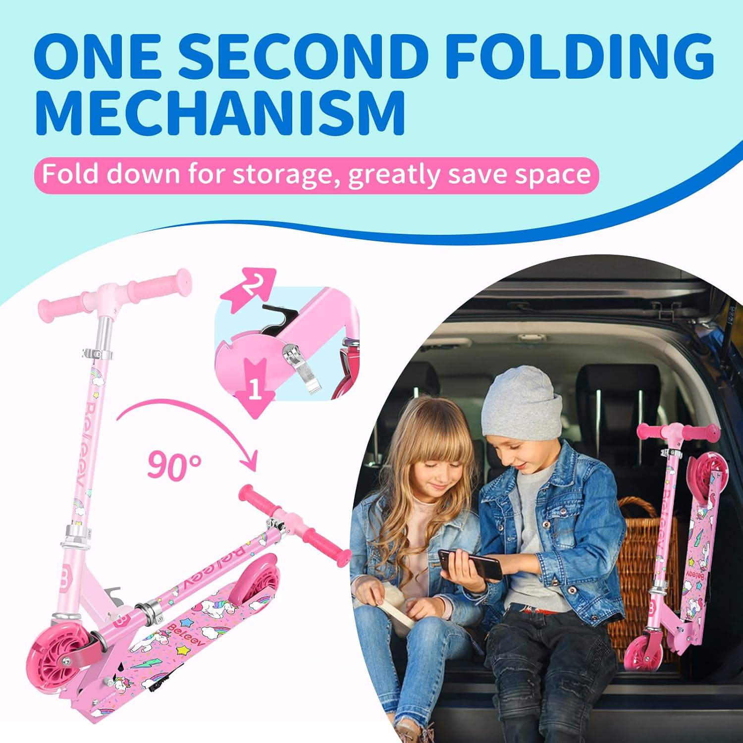 BELEEV V1 Scooters for Kids, 2 Wheel Folding Kick Scooter for Girls Boys, 3 Adjustable Height, Light up Wheels, Lightweight Scooter with Sturdy Frame, Kickstand for Children 3 to 12 Years Old image number 3