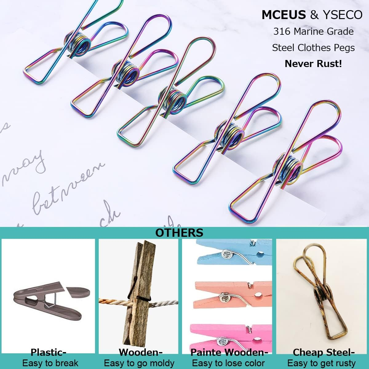 MCEUS Rainbow Colored Clothes Pegs 316 Marine Grade Stainless Steel Wire Clothes Pins Laundry Clips, 30 Pack with Storage Bag, Strong Clamp Metal Laundry Pegs for Hanging Clothes, Outdoor Clothesline image number 4